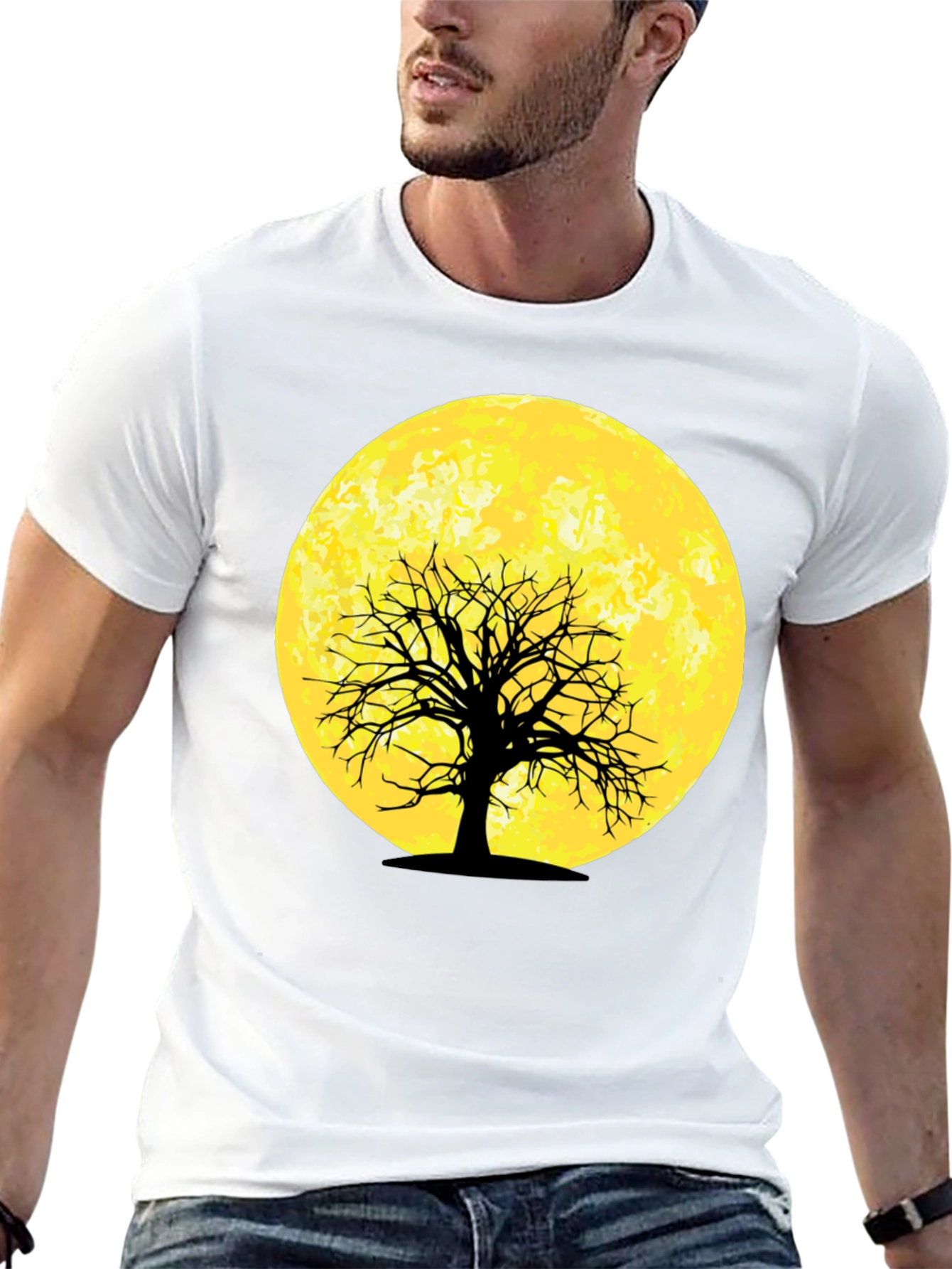 Moonlit Tree Graphic Tee - Black Cotton T-Shirt