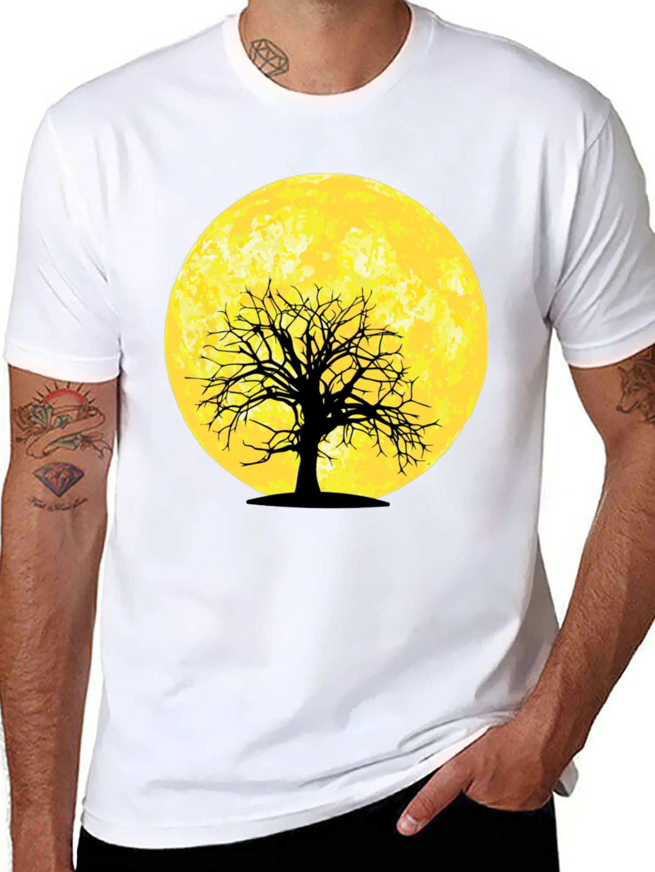 Moonlit Tree Graphic Tee - Black Cotton T-Shirt