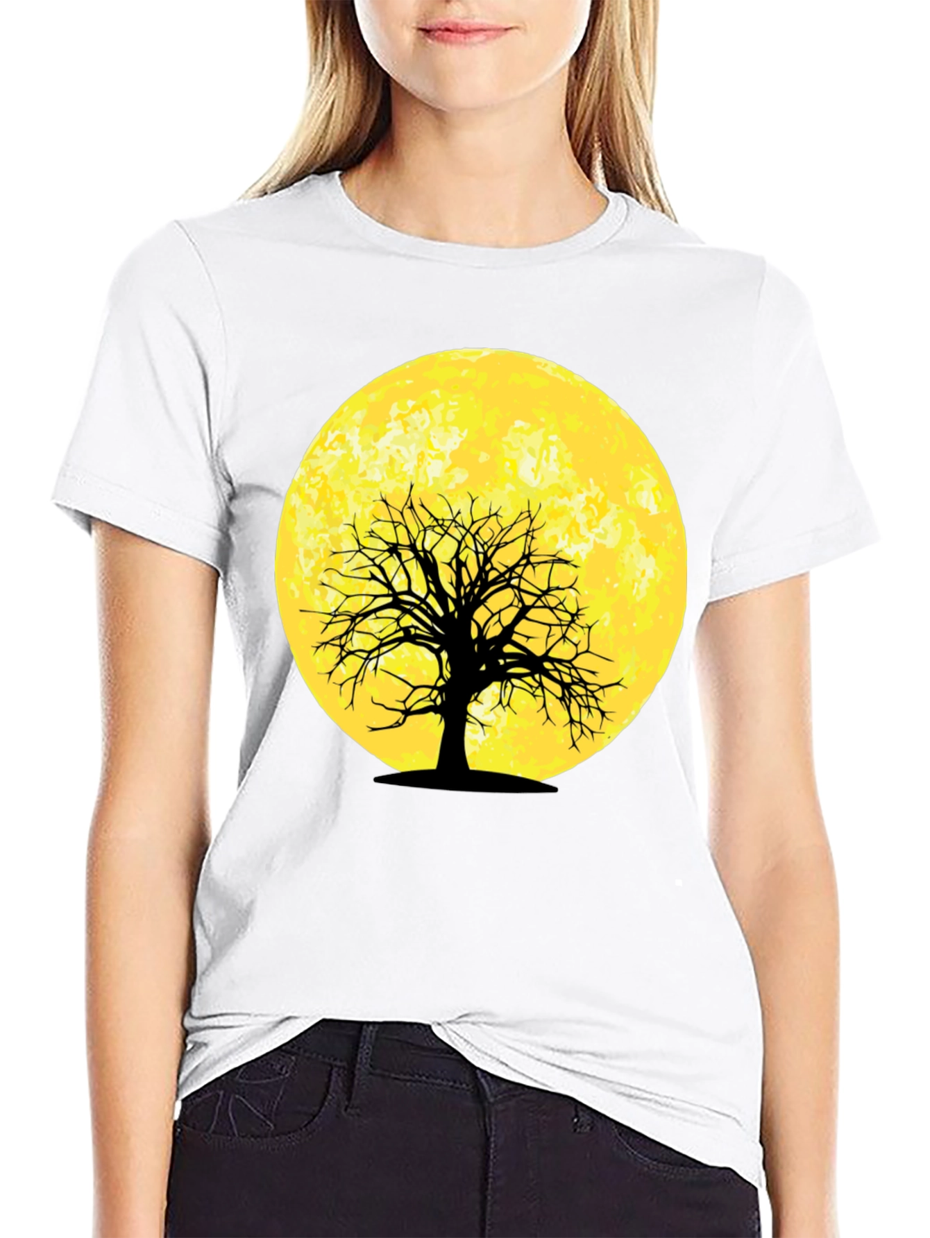 Moonlit Tree Graphic Tee - Black Cotton T-Shirt
