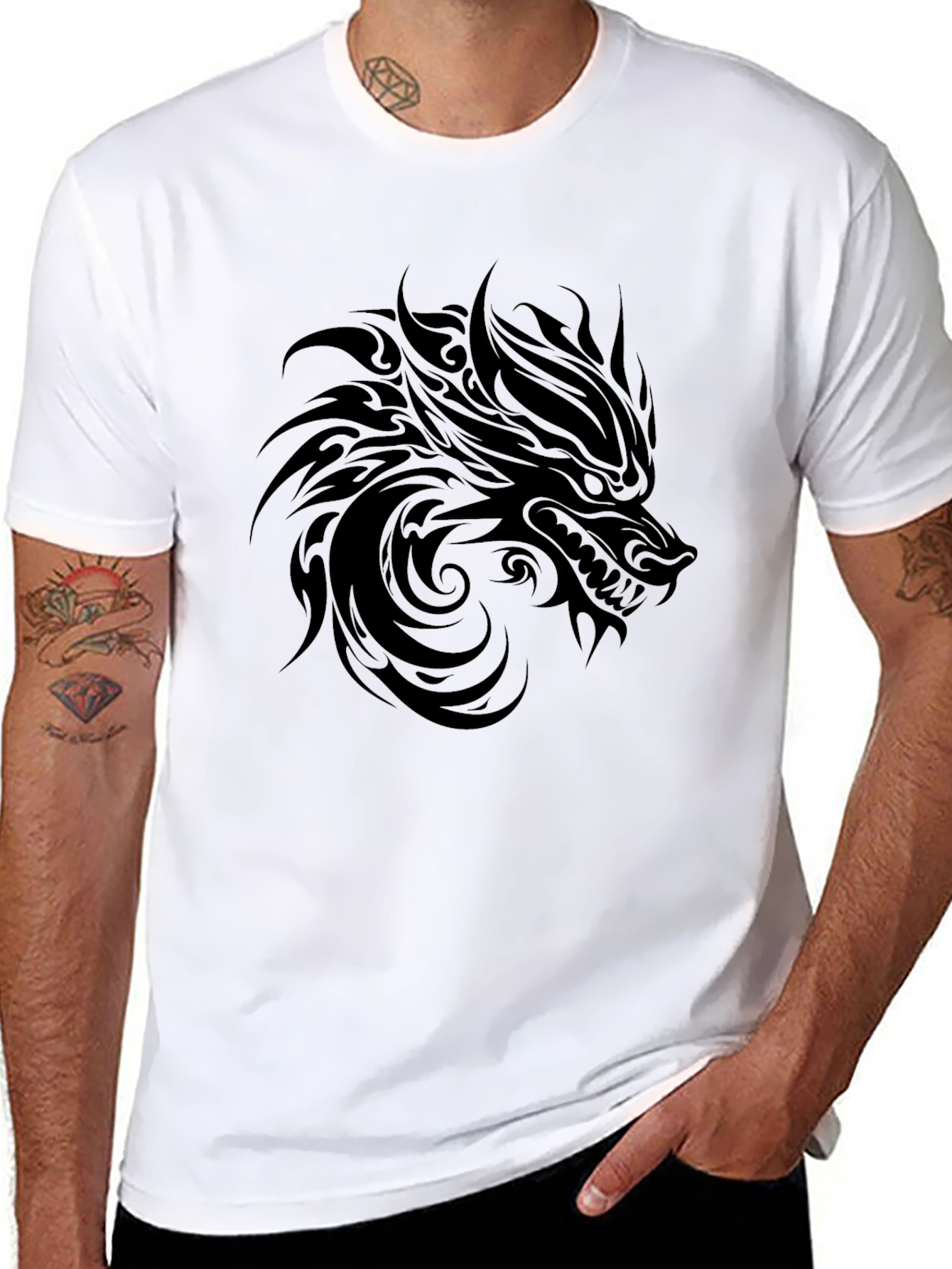 Black Wolf Graphic Tee - Tribal Design