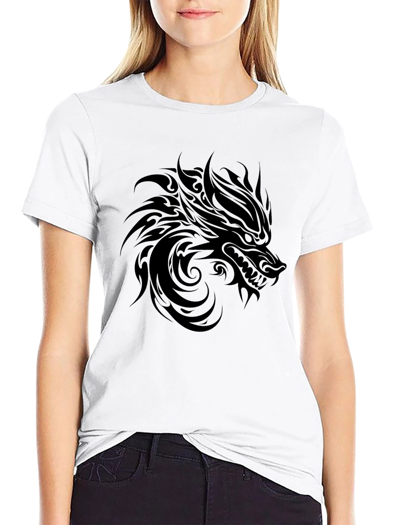 Black Wolf Graphic Tee - Tribal Design