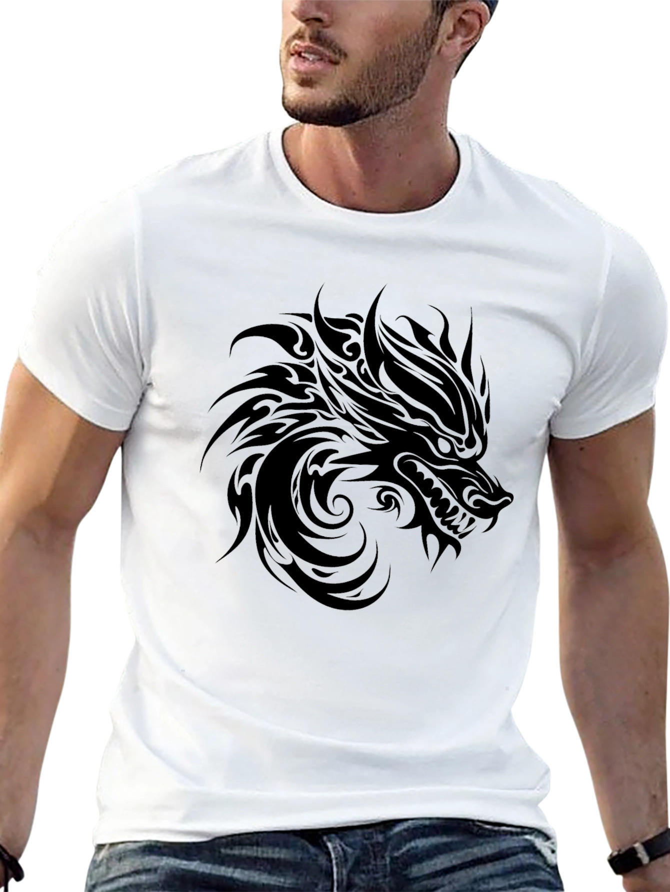 Black Wolf Graphic Tee - Tribal Design