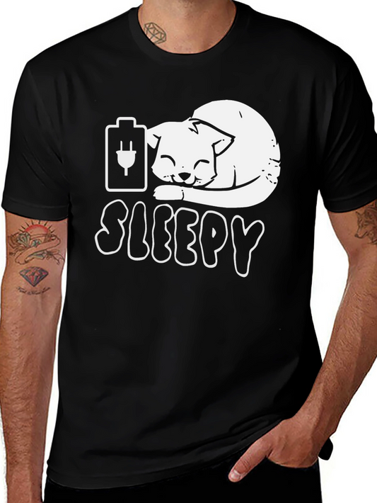 Sleepy Cat Battery T-Shirt - Funny Graphic Tee