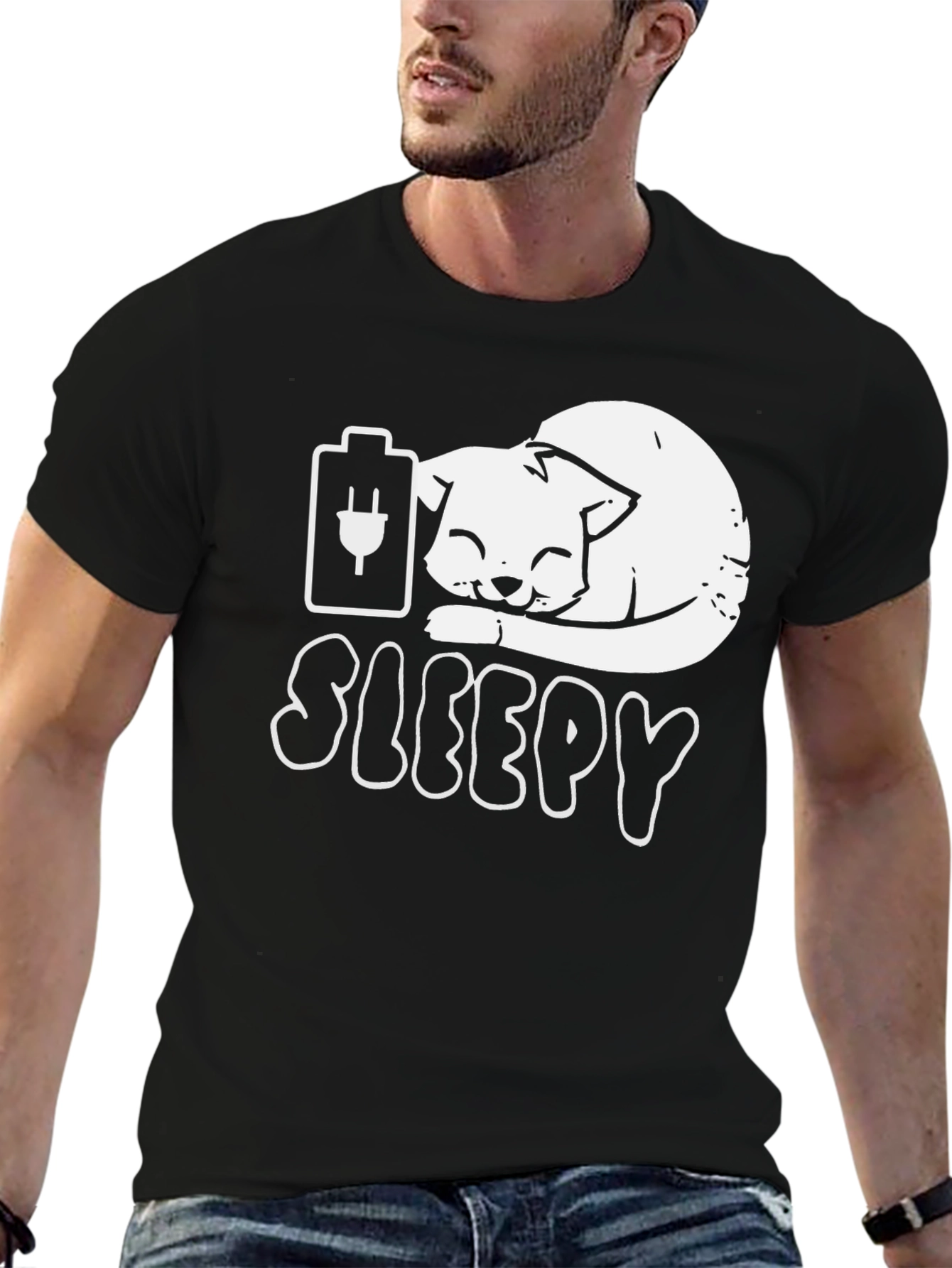 Sleepy Cat Battery T-Shirt - Funny Graphic Tee