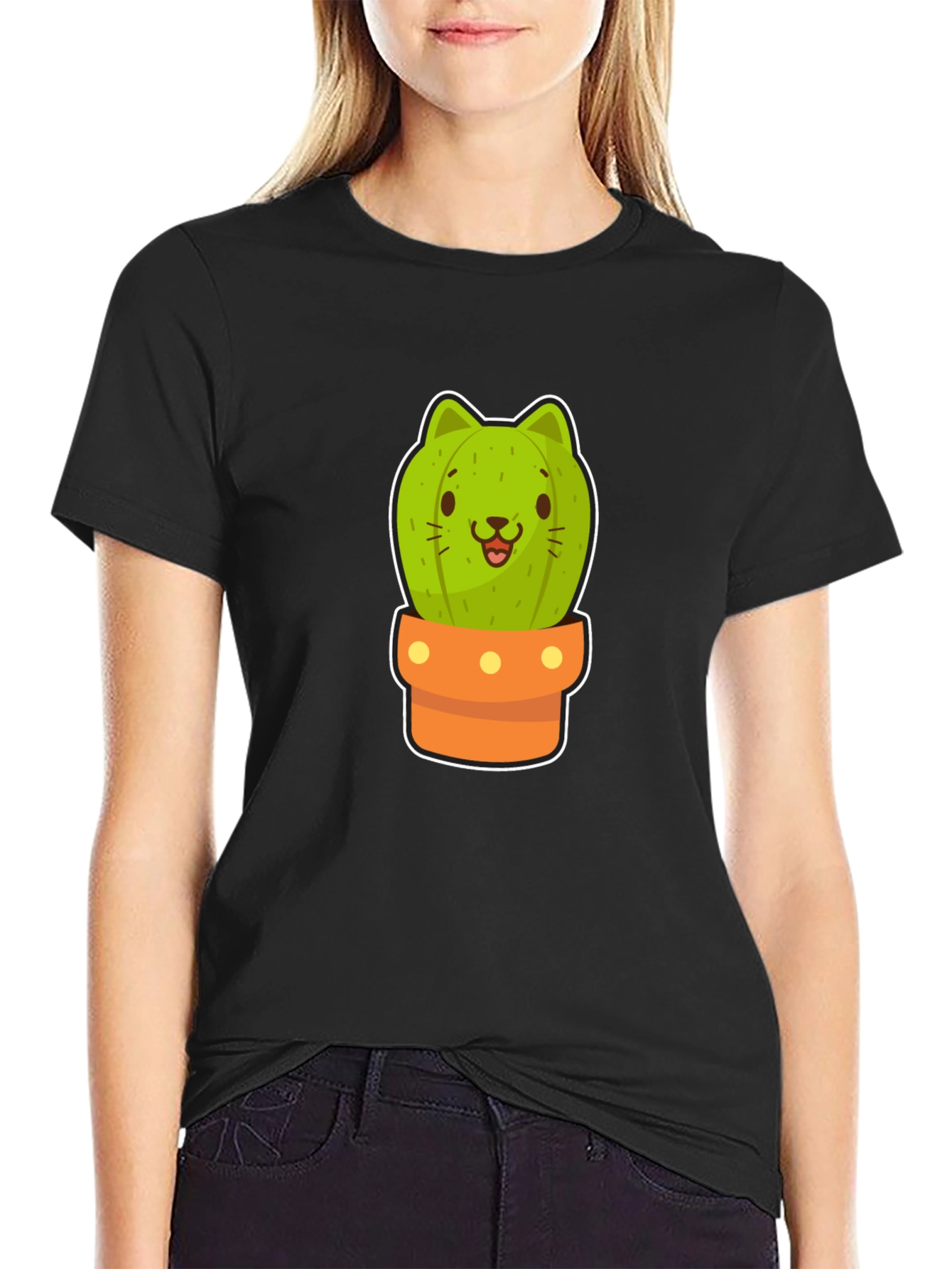 Cute Cactus Cat Graphic Black Tee