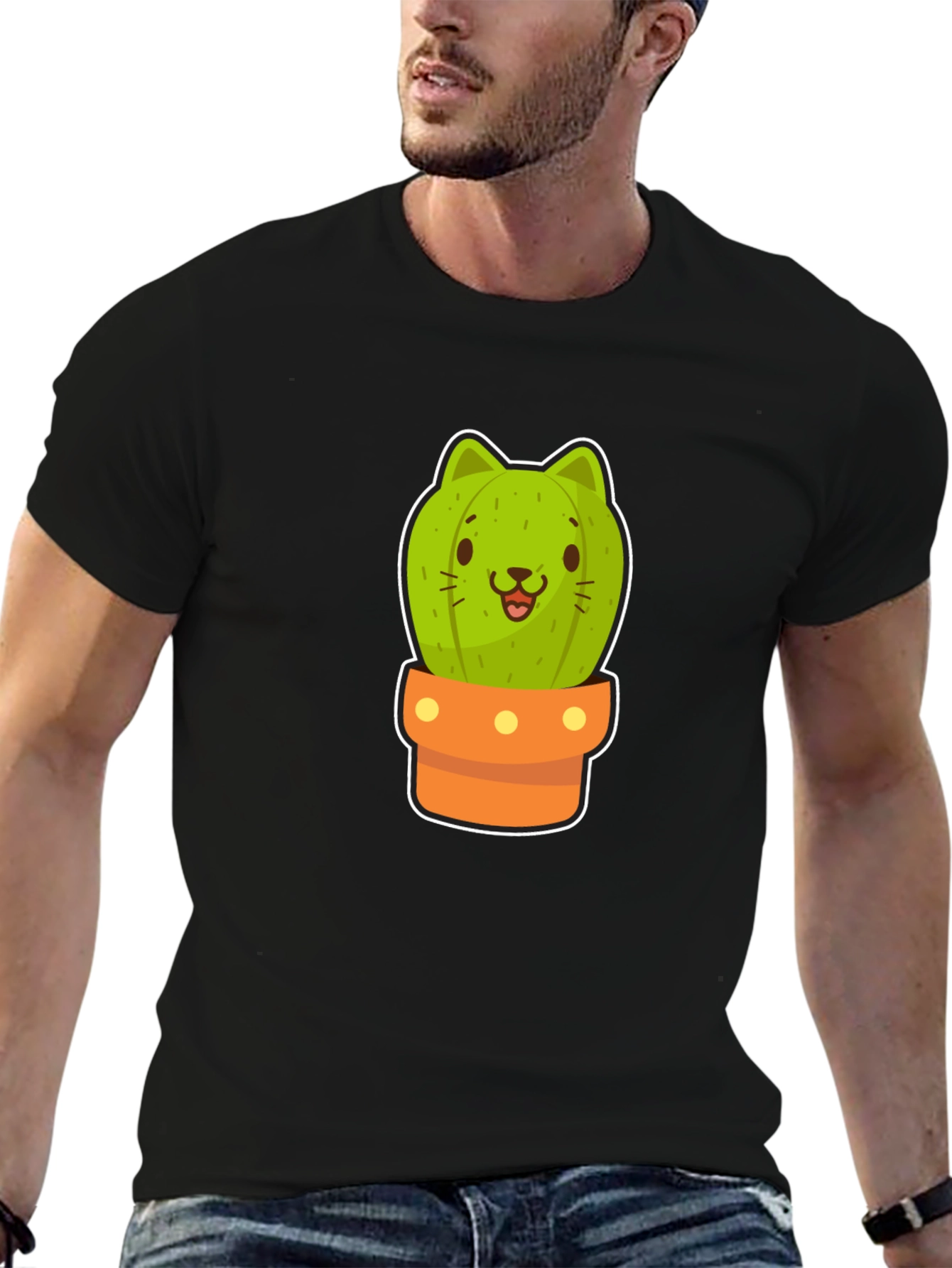 Cute Cactus Cat Graphic Black Tee