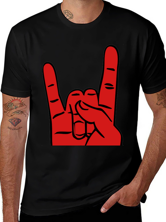 Rock On T-Shirt - Black Cotton Tee with Red Hand Gesture Graphic