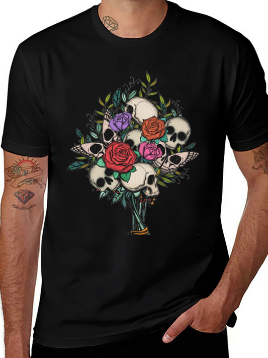 Skull & Roses Bouquet Graphic Tee - Gothic Style