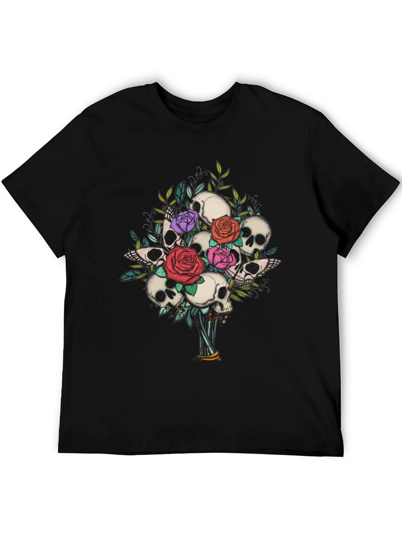 Skull & Roses Bouquet Graphic Tee - Gothic Style
