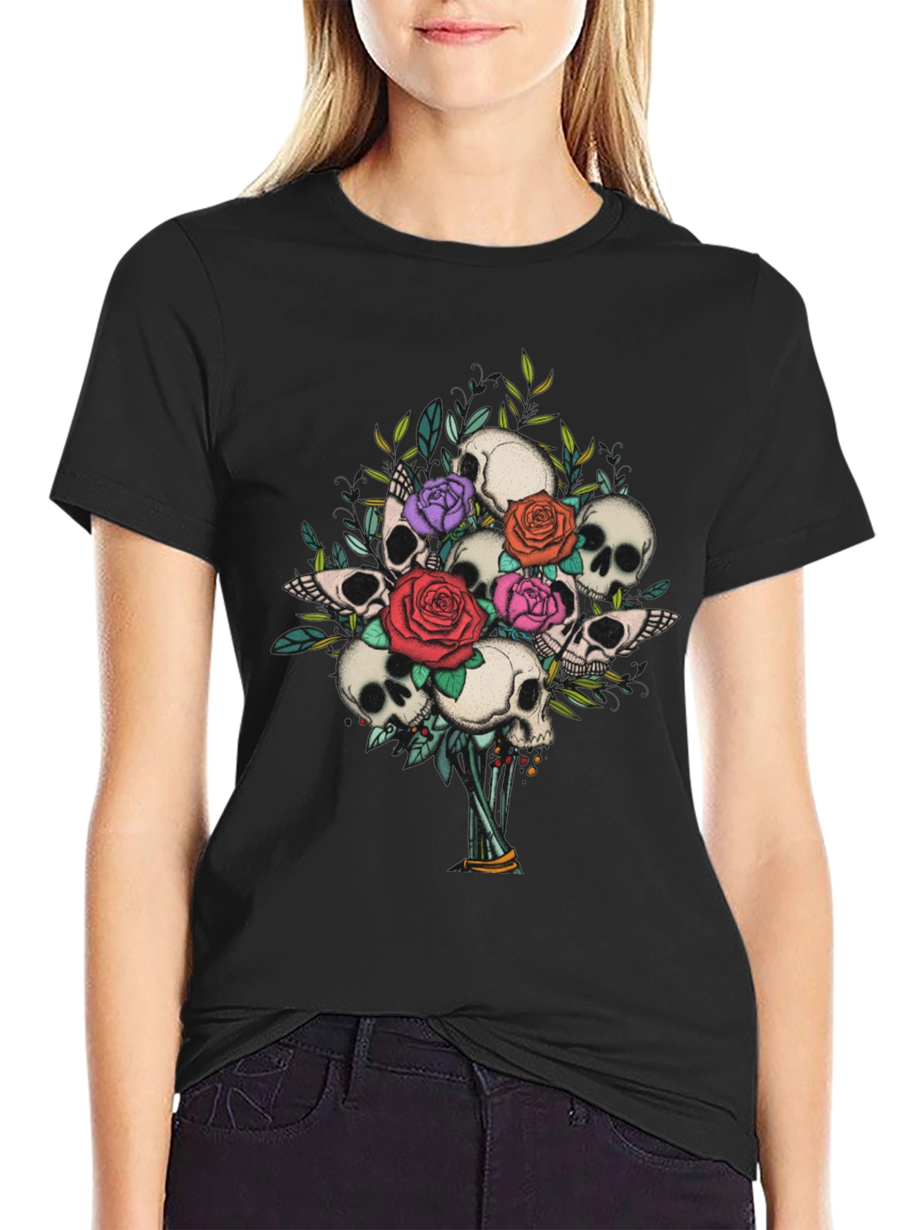 Skull & Roses Bouquet Graphic Tee - Gothic Style