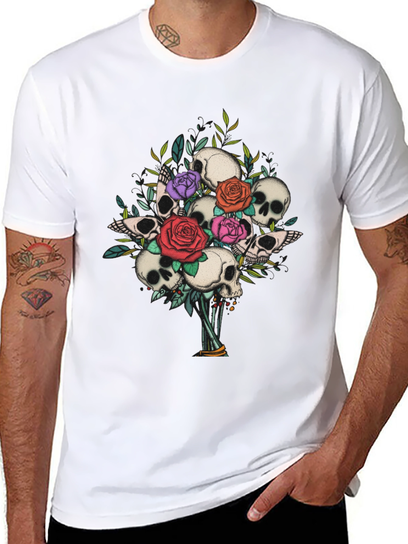 Skull & Roses Bouquet Graphic Tee - Gothic Style