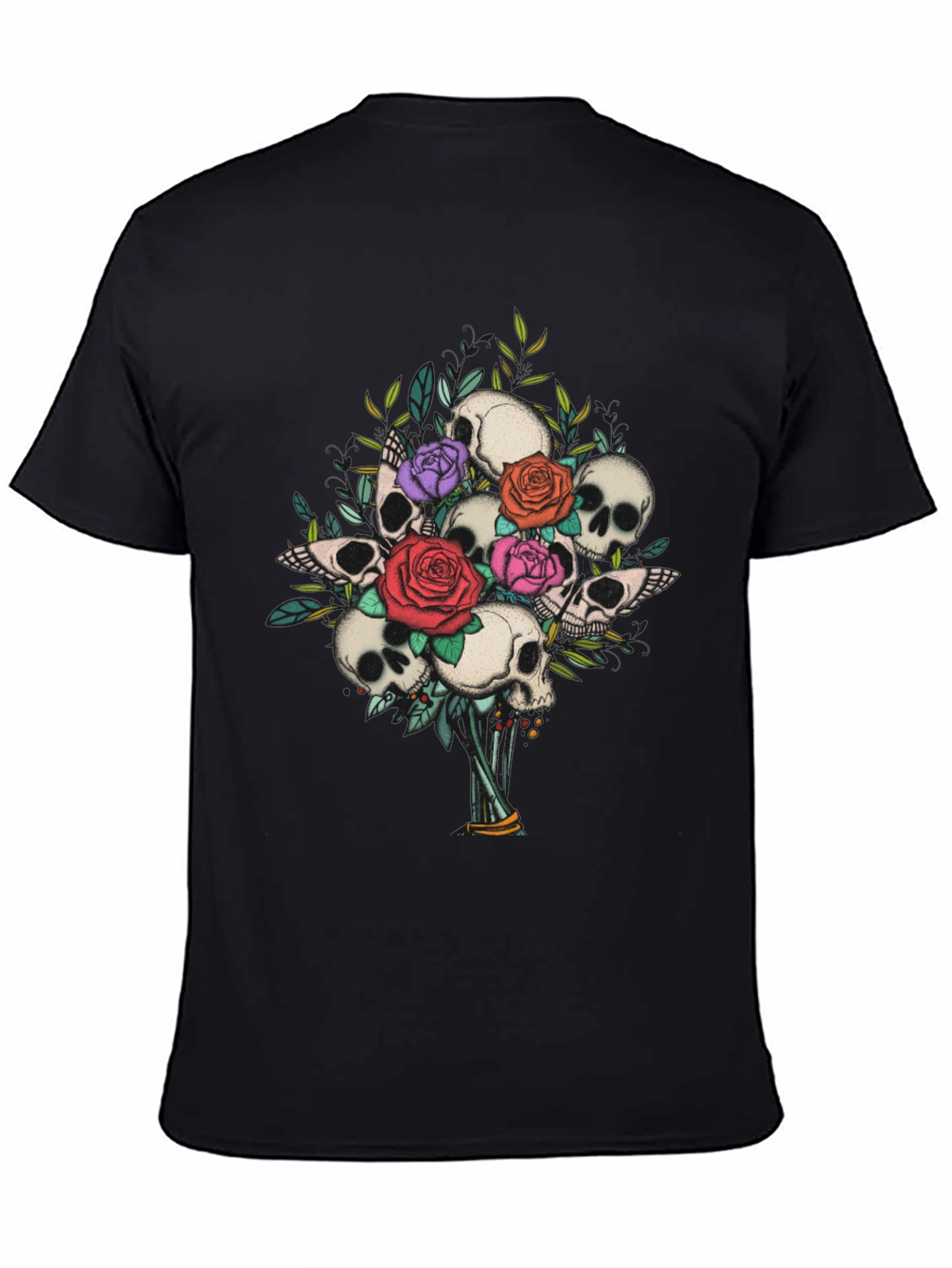 Skull & Roses Bouquet Graphic Tee - Gothic Style