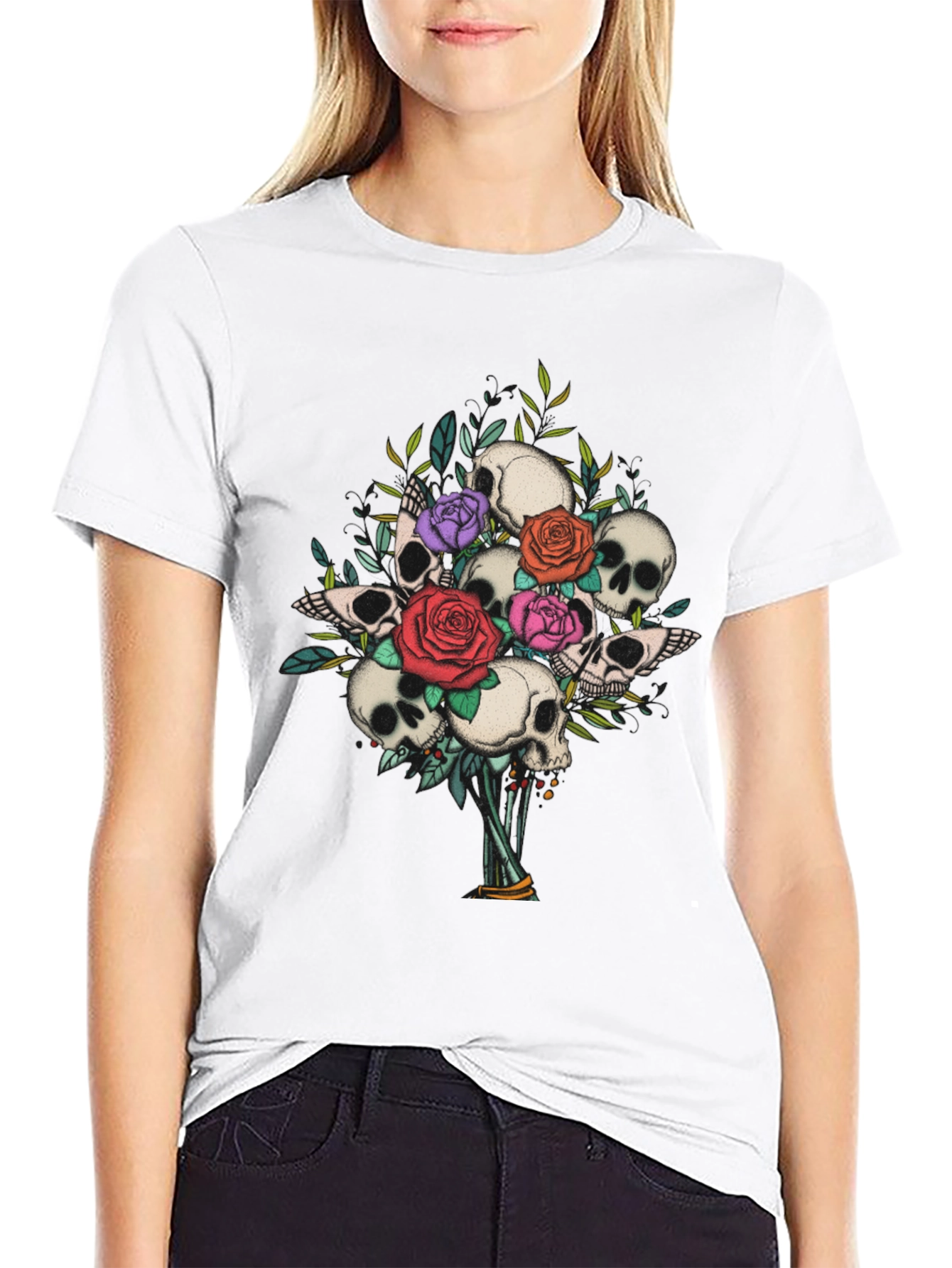 Skull & Roses Bouquet Graphic Tee - Gothic Style
