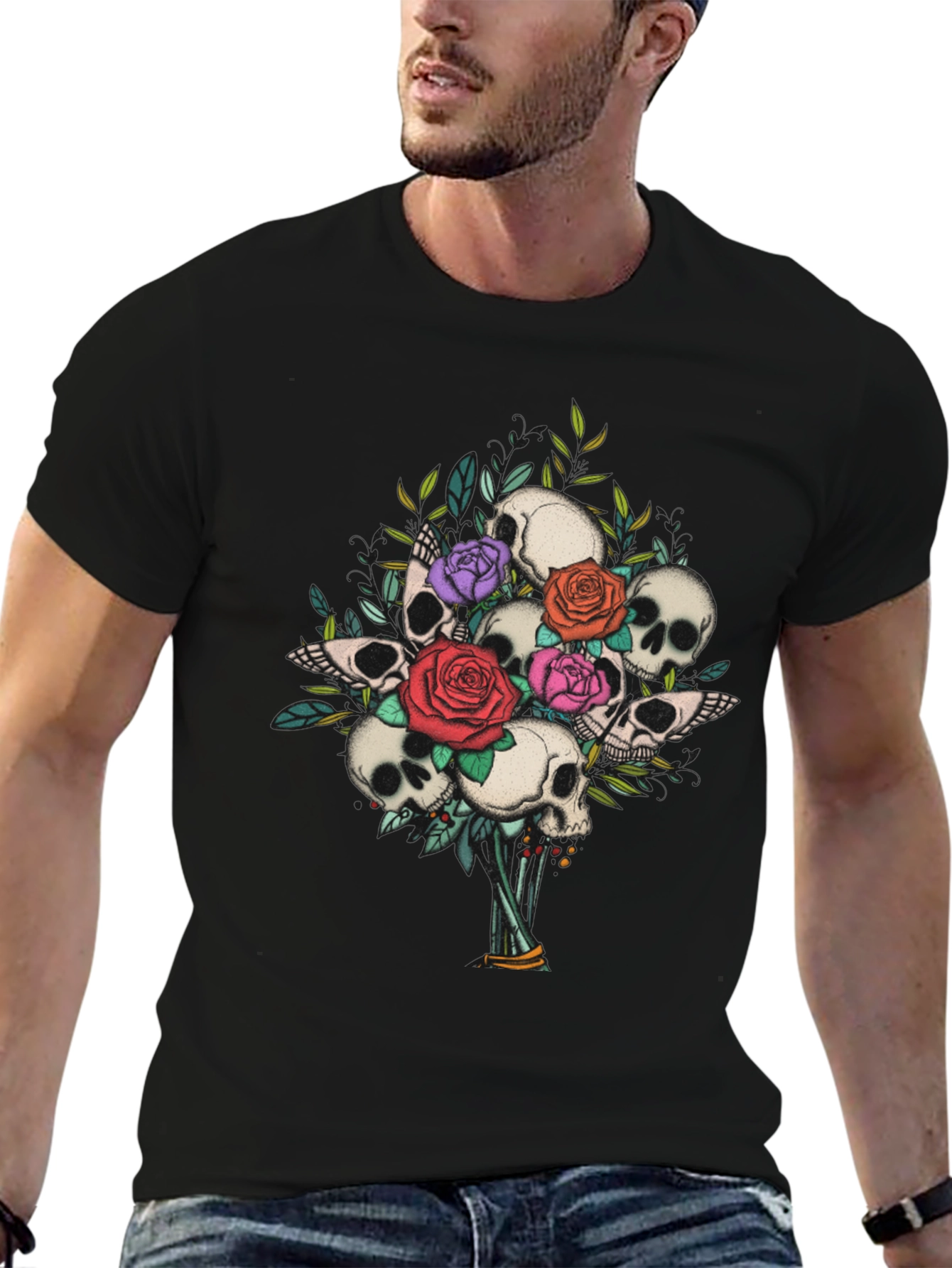 Skull & Roses Bouquet Graphic Tee - Gothic Style