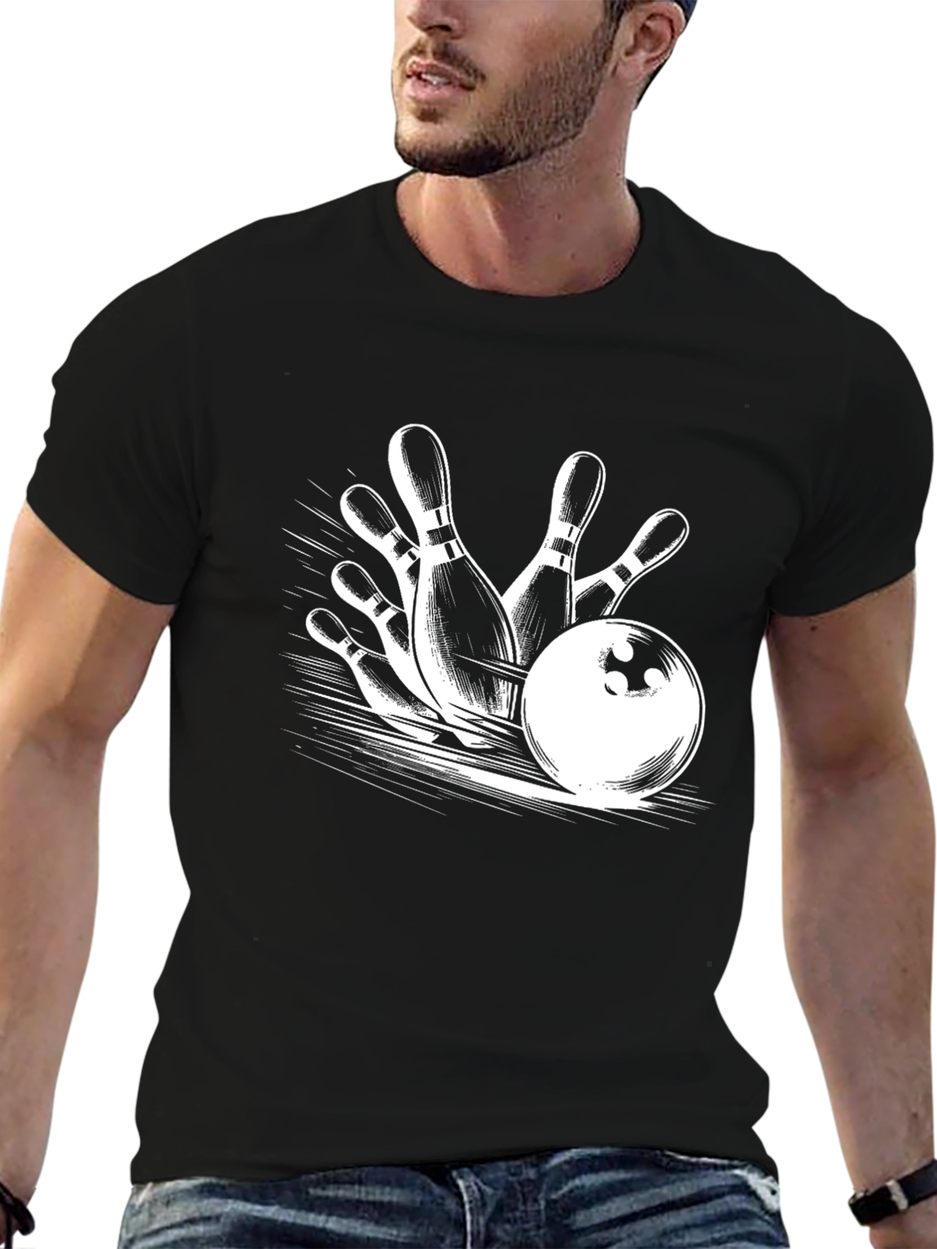 Bowling Strike Graphic Tee - Black Cotton T-Shirt