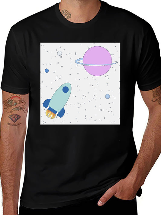 Space Rocket & Planet Graphic Tee - Mens Black T-Shirt