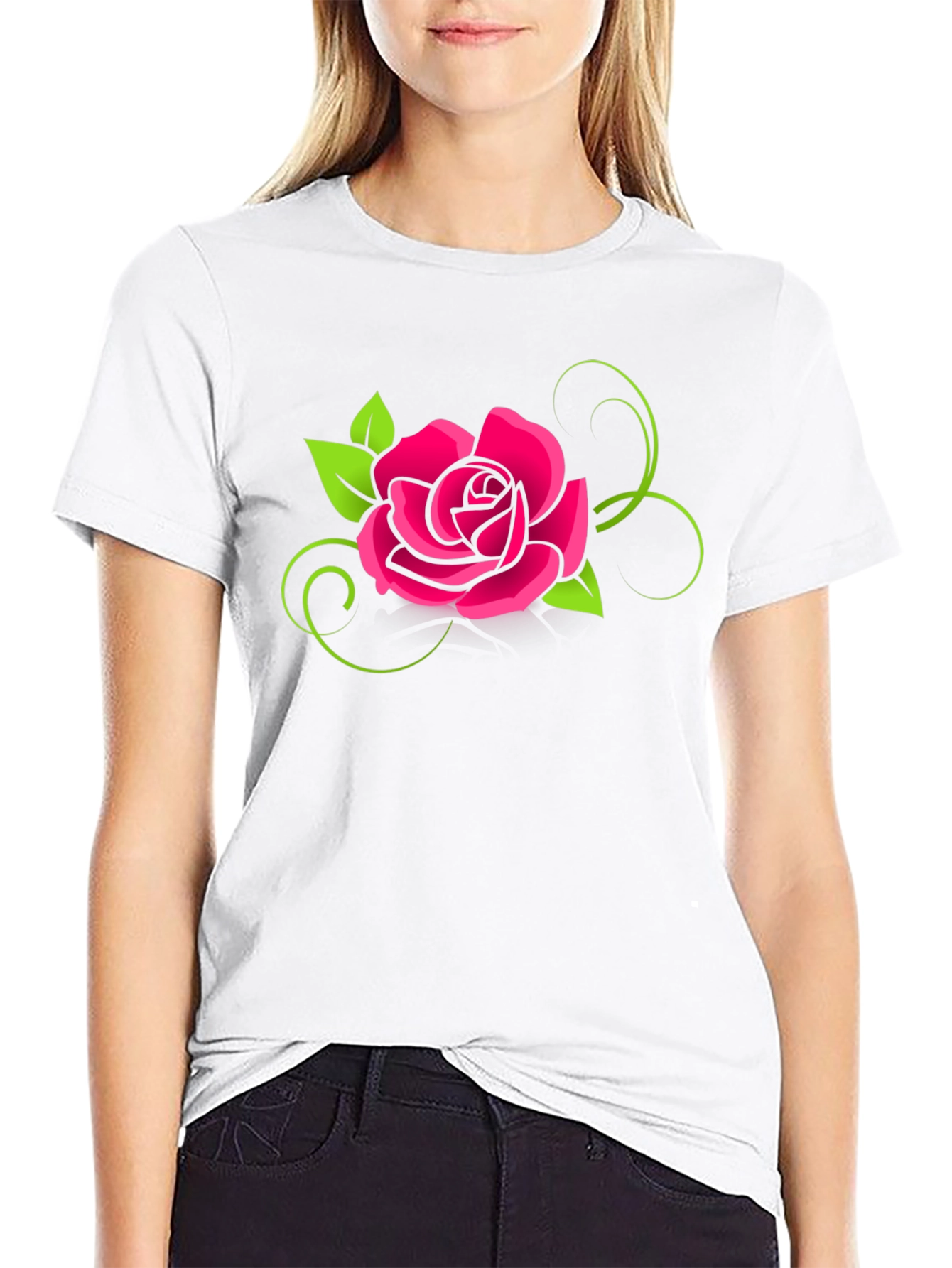 Black T-Shirt with Pink Rose Design