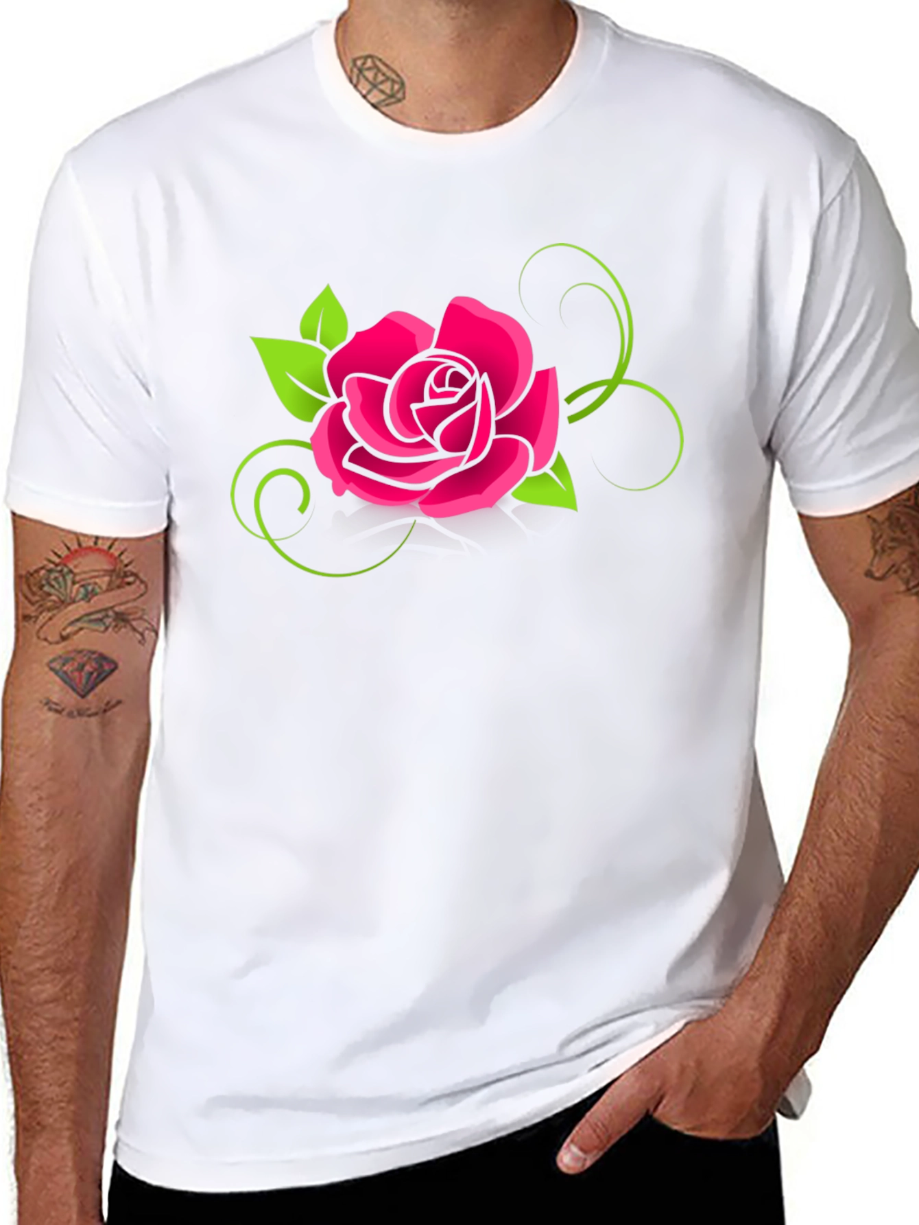 Black T-Shirt with Pink Rose Design