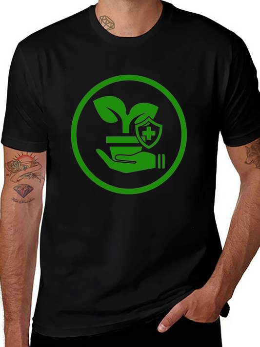 Green Plant Shield Graphic Black T-Shirt