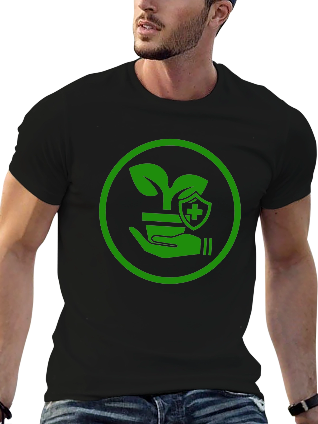 Green Plant Shield Graphic Black T-Shirt