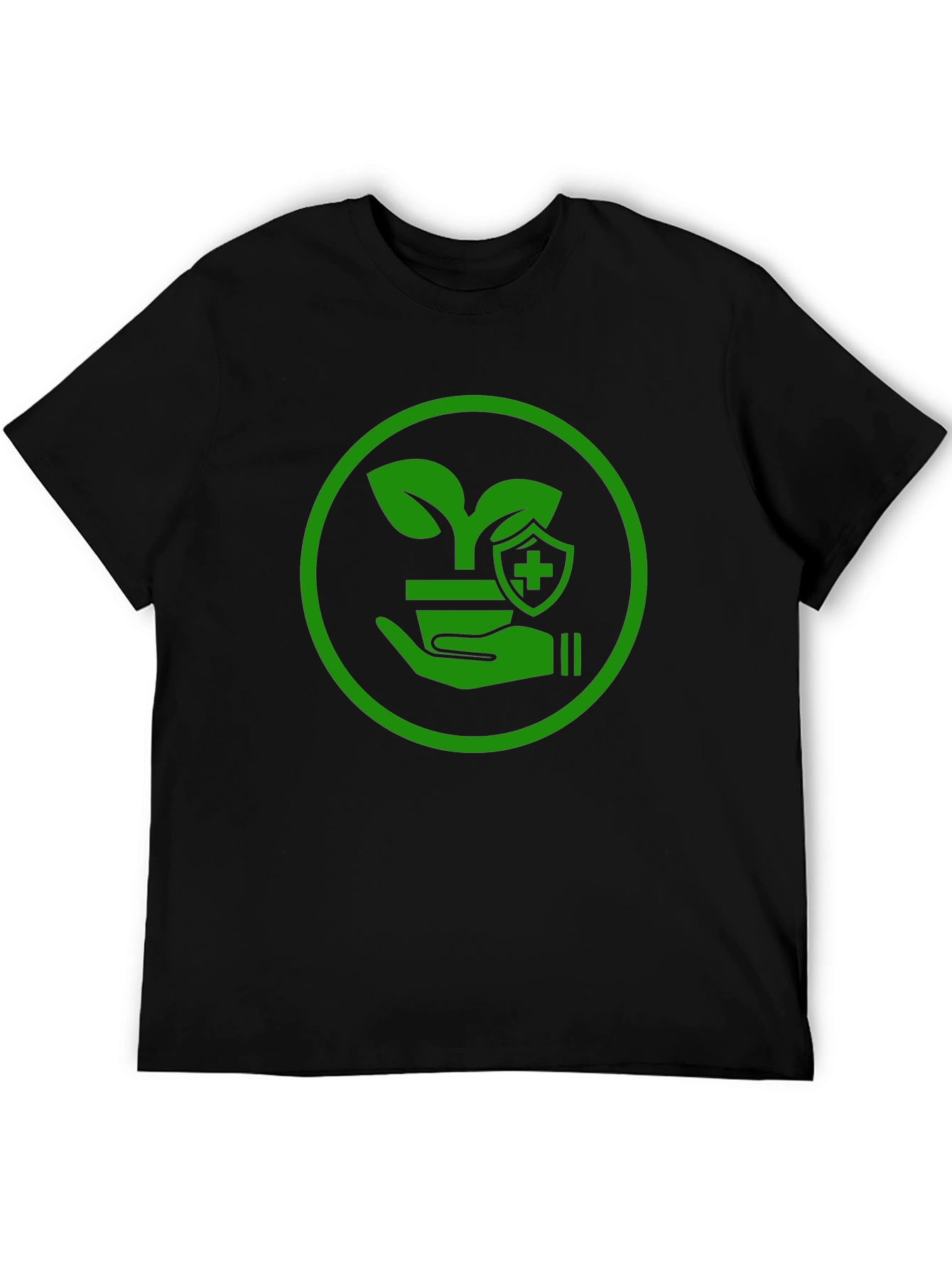 Green Plant Shield Graphic Black T-Shirt