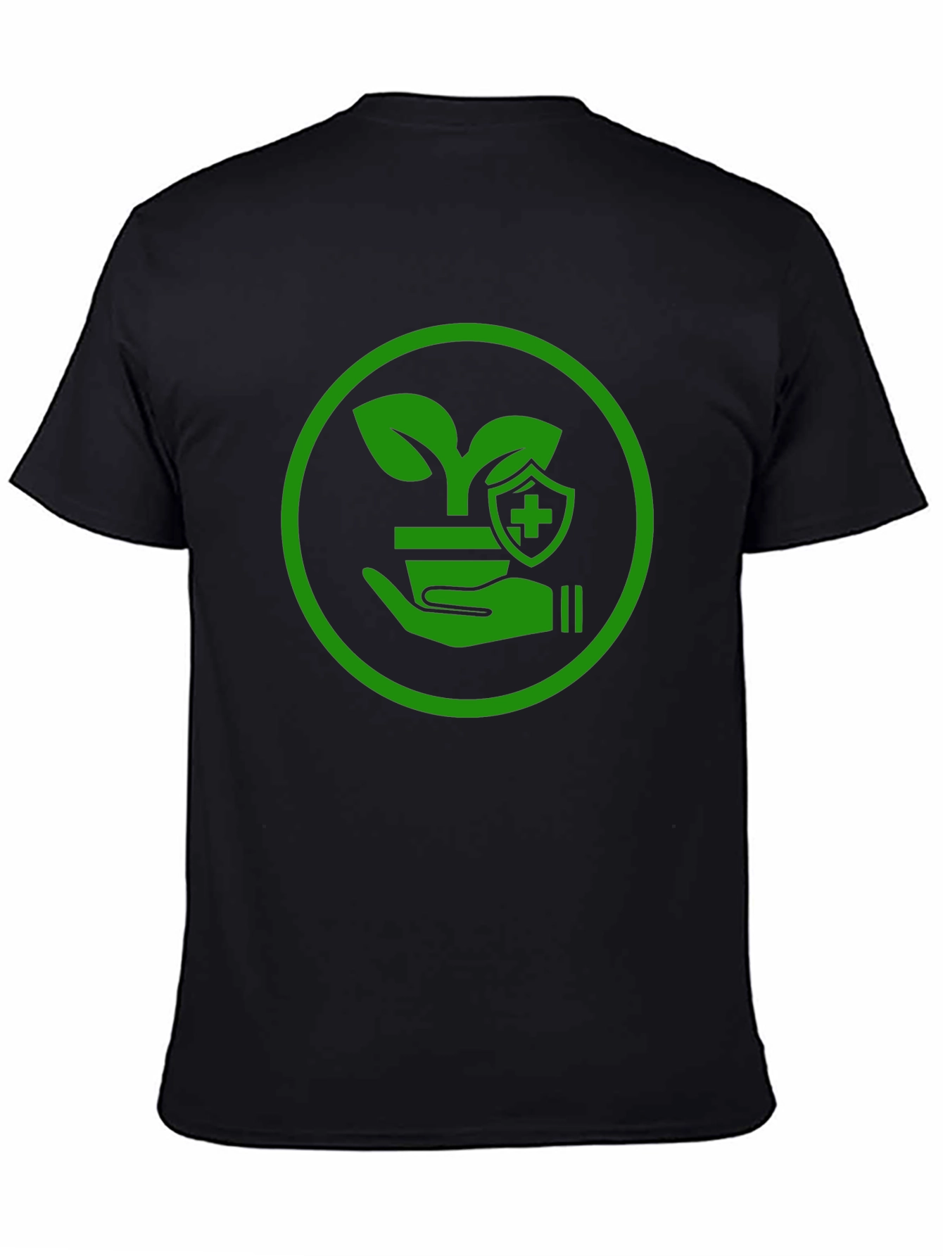 Green Plant Shield Graphic Black T-Shirt