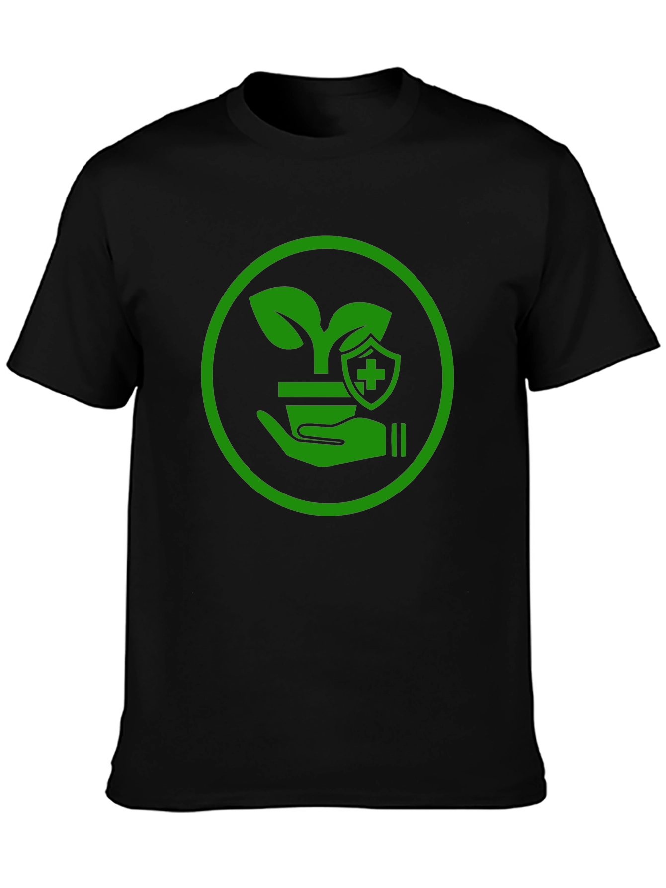 Green Plant Shield Graphic Black T-Shirt