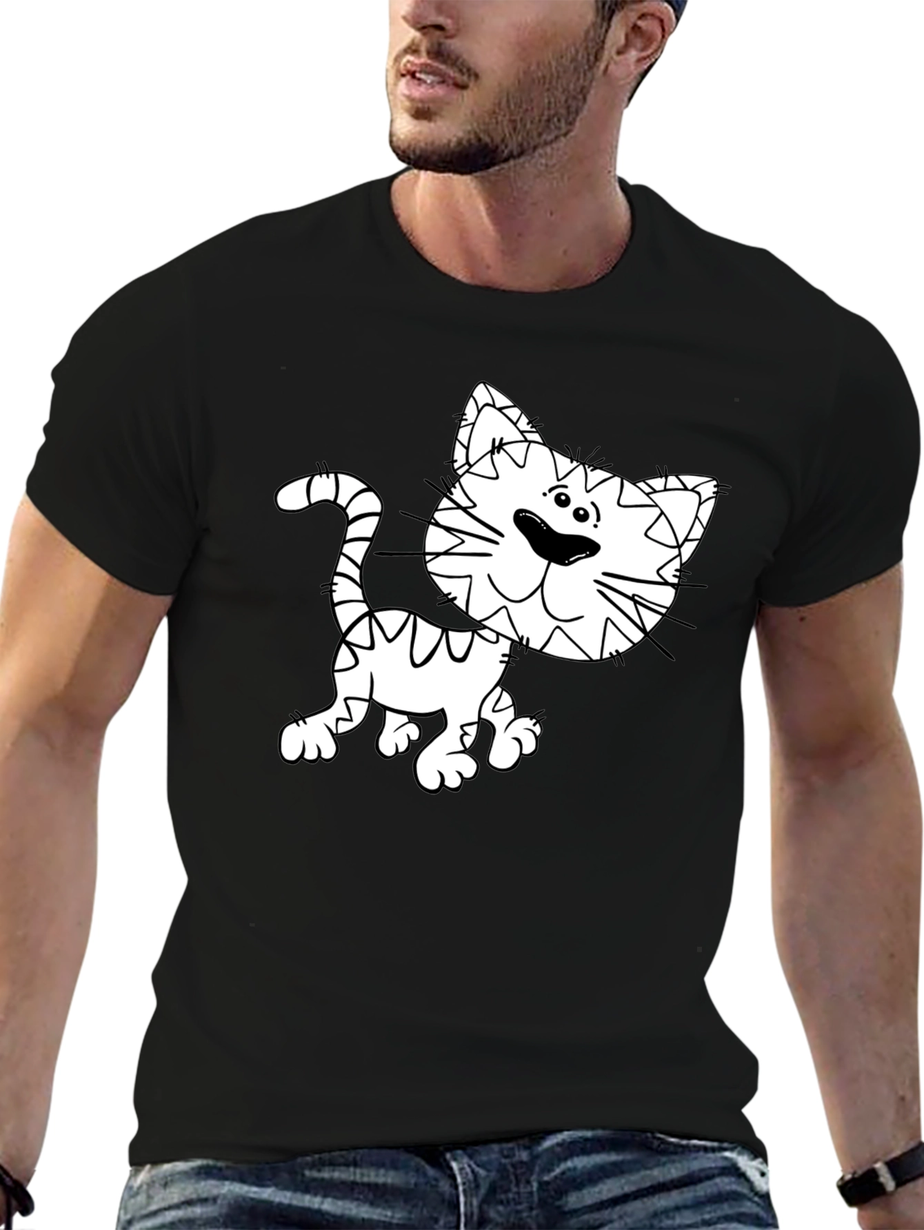 Cartoon Cat Graphic Tee - Black