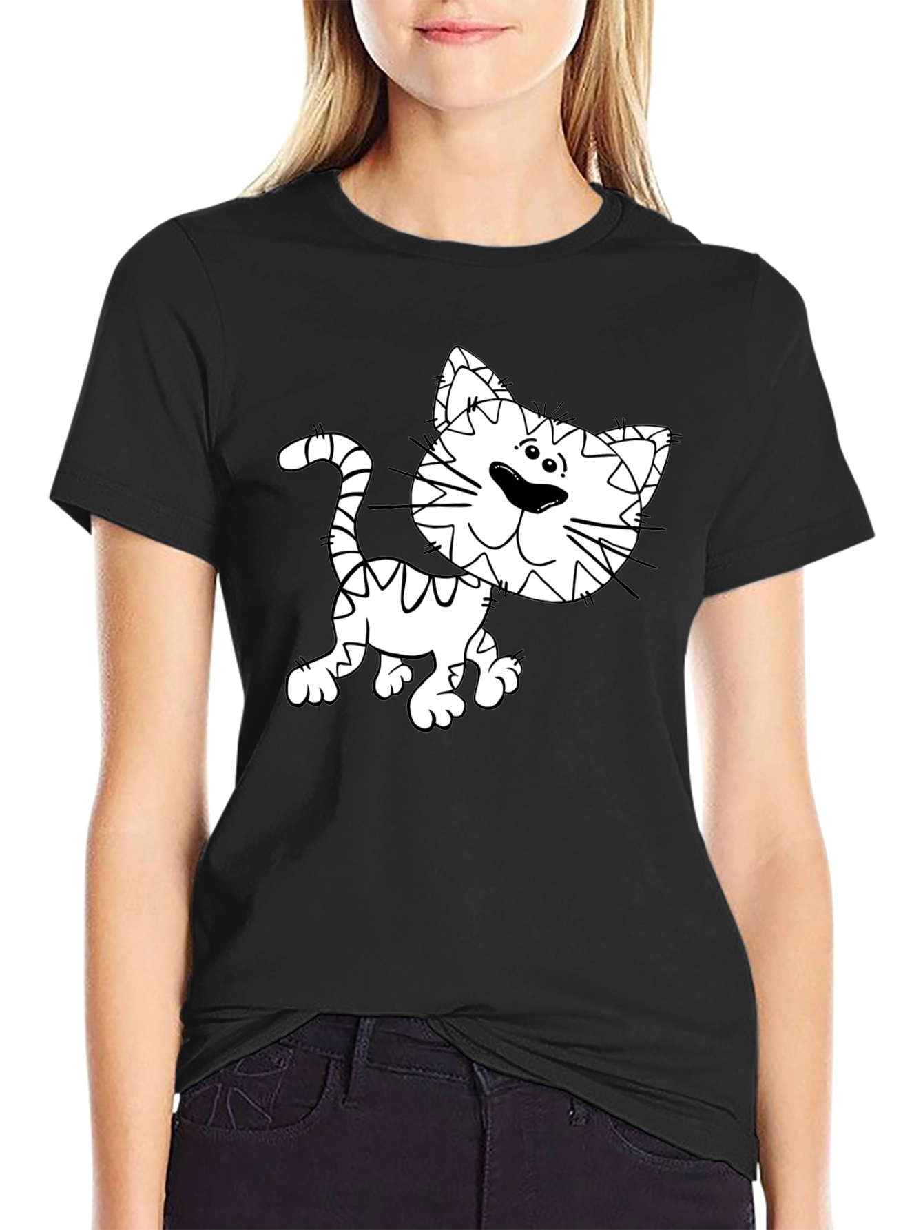 Cartoon Cat Graphic Tee - Black