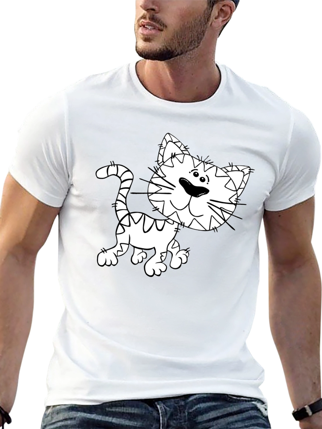 Cartoon Cat Graphic Tee - Black