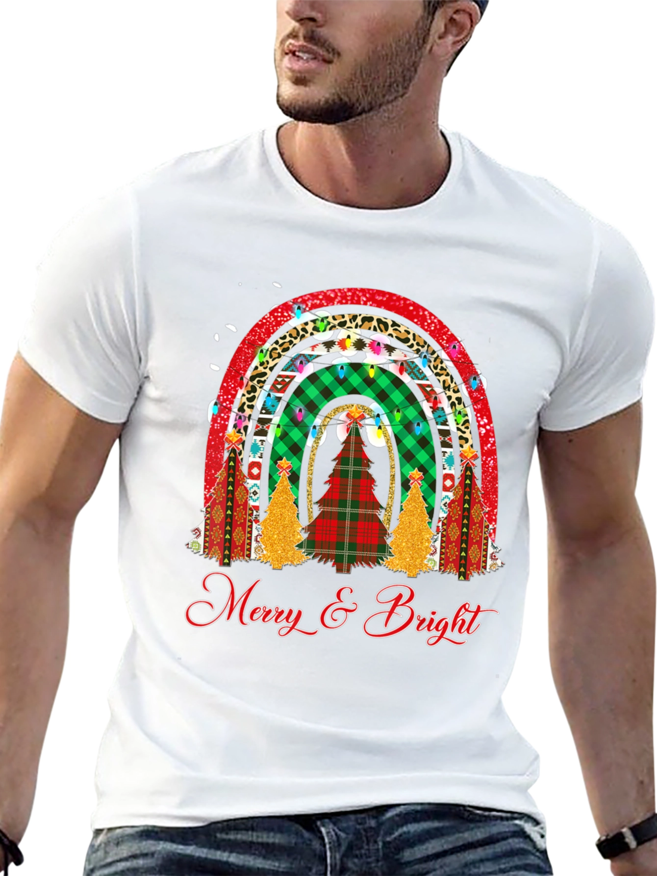Merry & Bright Christmas Rainbow Tree T-Shirt