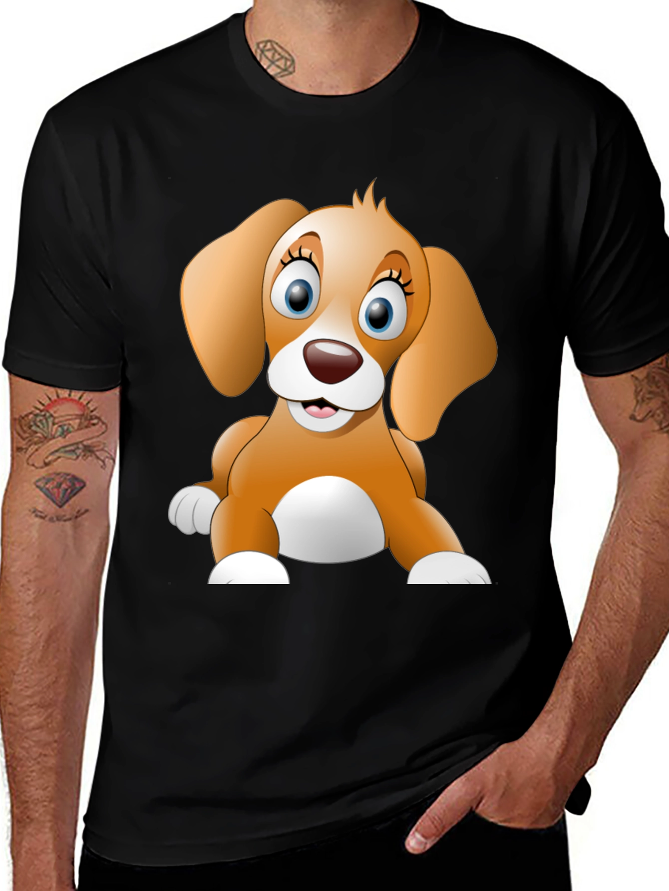 Cute Cartoon Dog Graphic Black T-Shirt