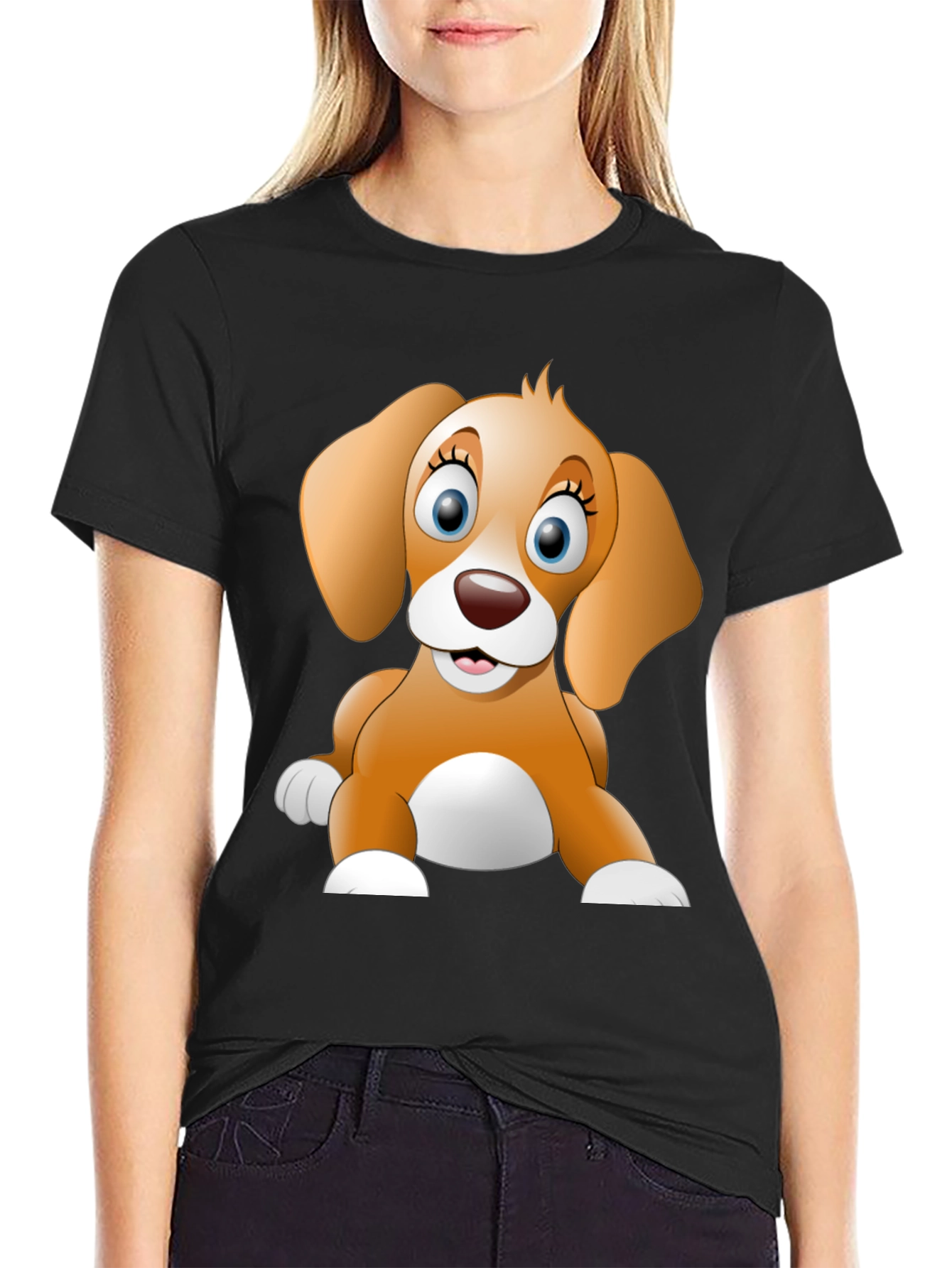Cute Cartoon Dog Graphic Black T-Shirt