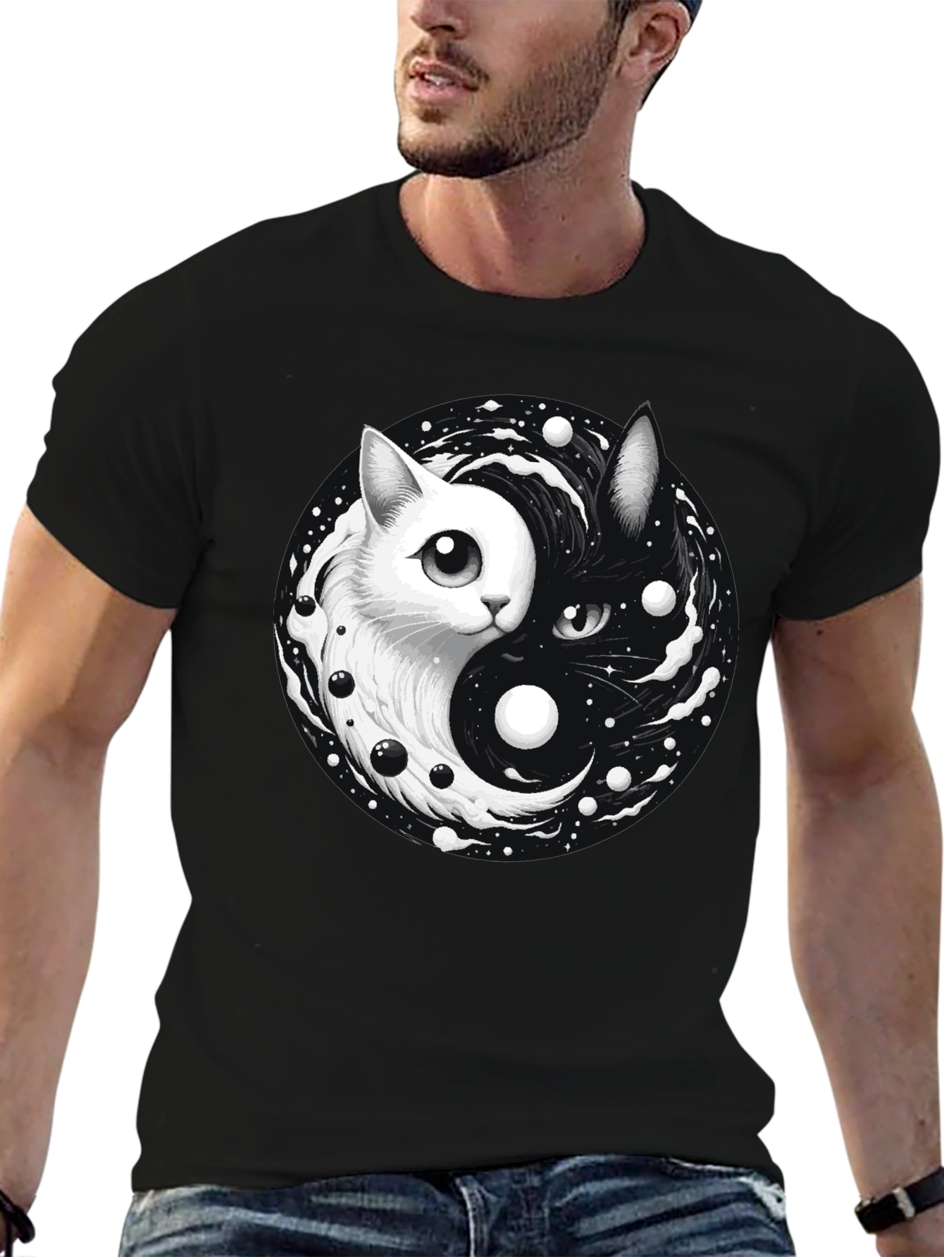 Yin Yang Cat Graphic T-Shirt - Balance & Style