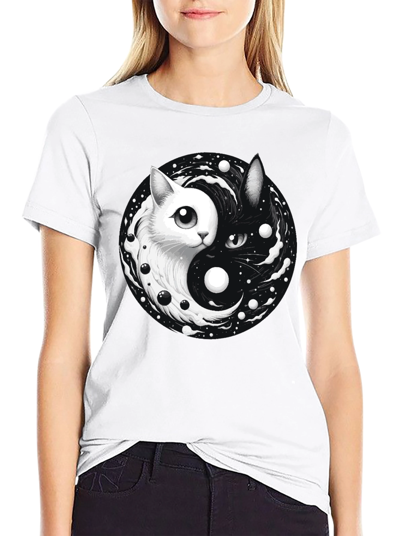 Yin Yang Cat Graphic T-Shirt - Balance & Style
