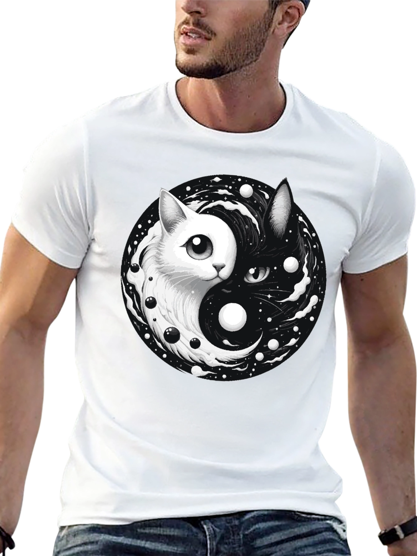 Yin Yang Cat Graphic T-Shirt - Balance & Style