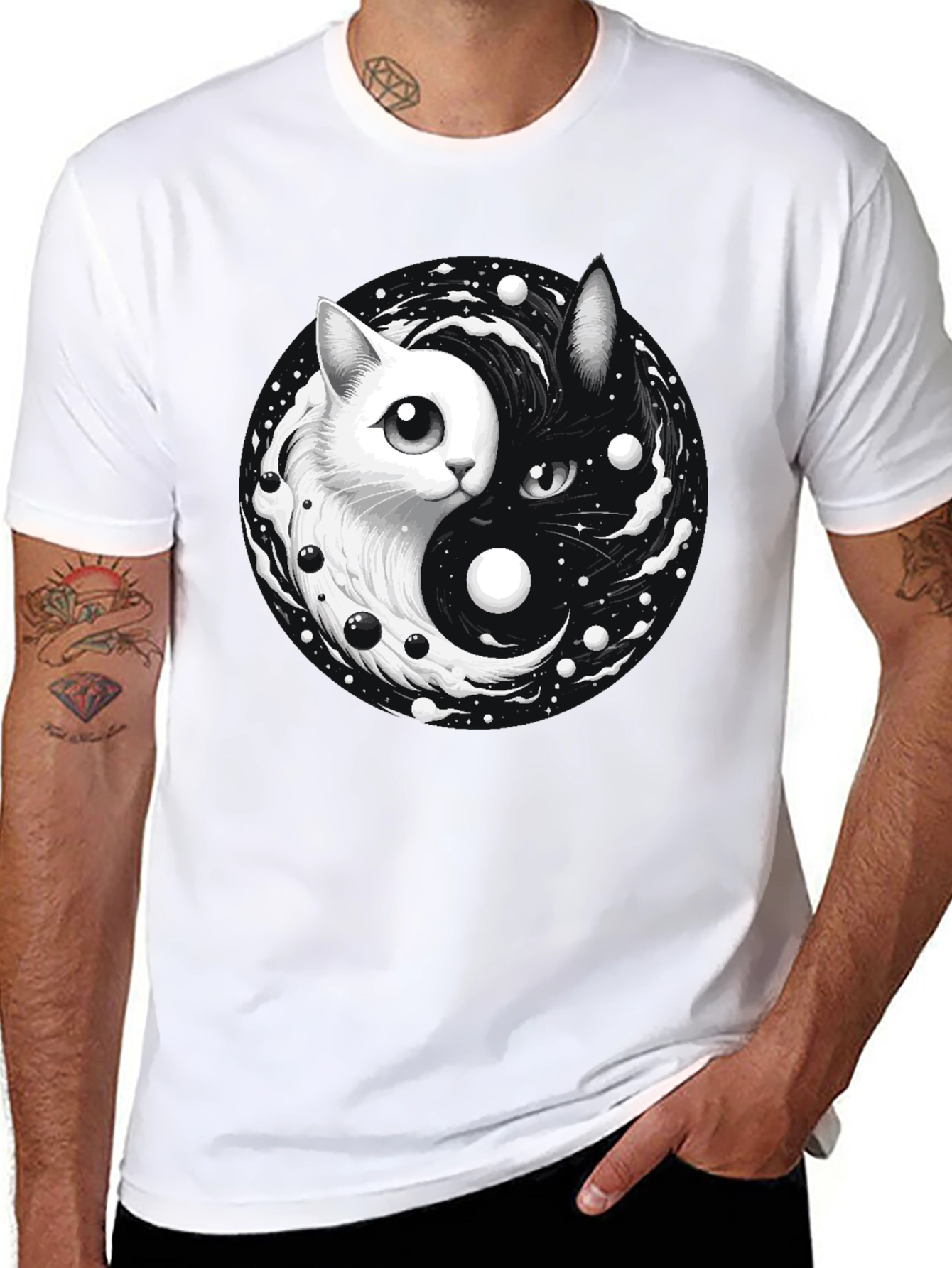 Yin Yang Cat Graphic T-Shirt - Balance & Style