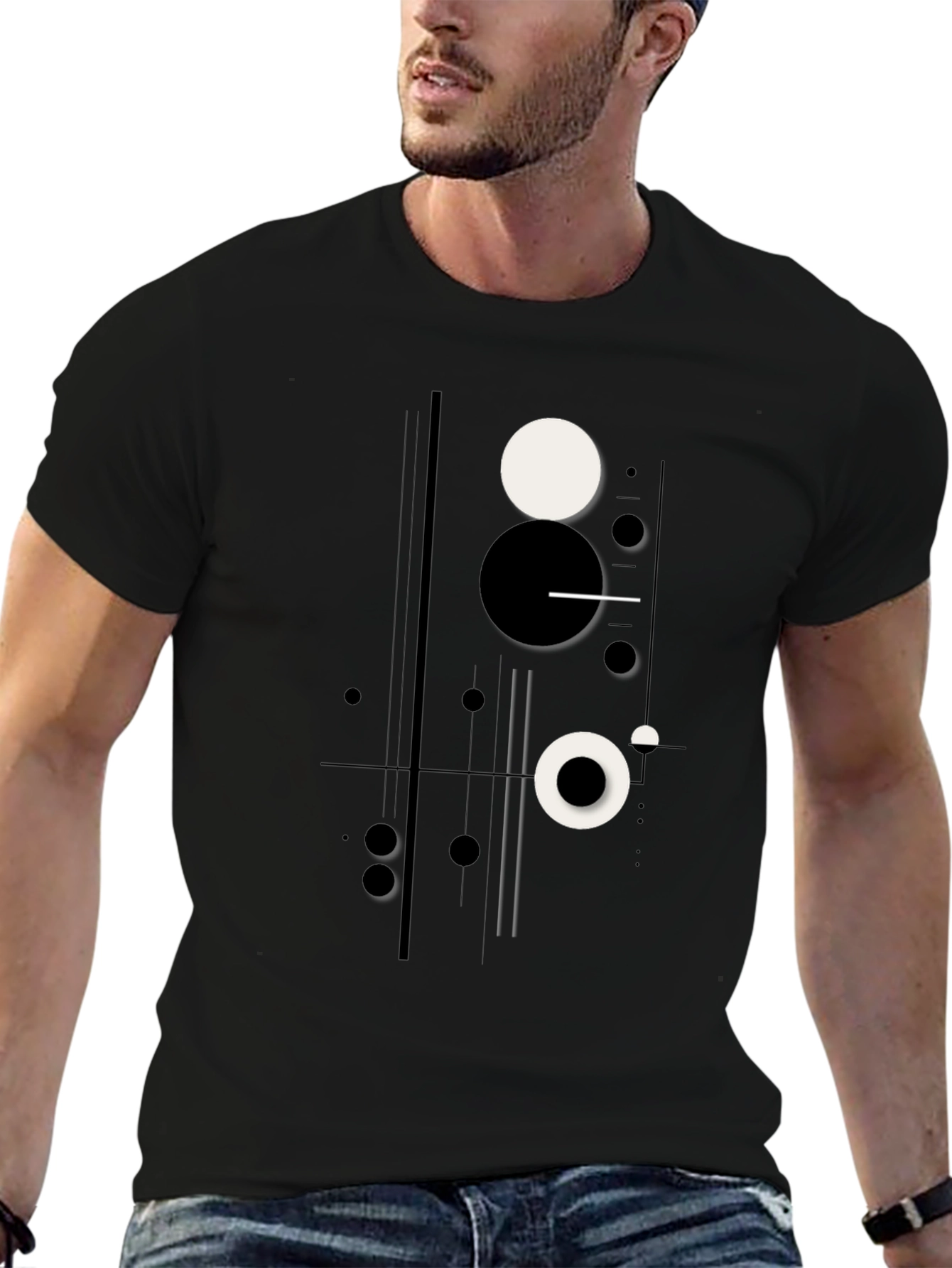 Abstract Geometric Circle Print Black T-Shirt