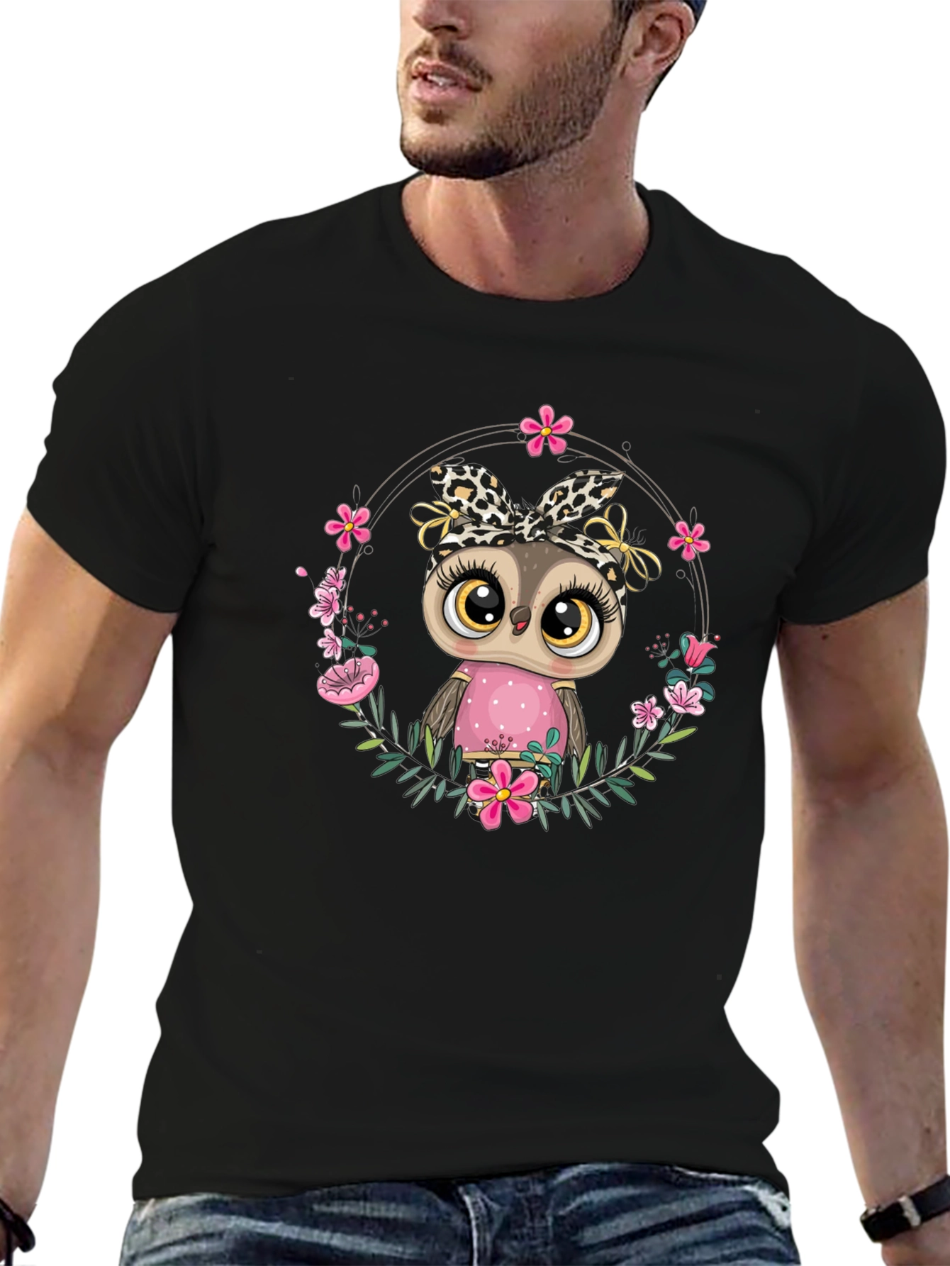 Cute Owl in Floral Wreath Graphic Tee