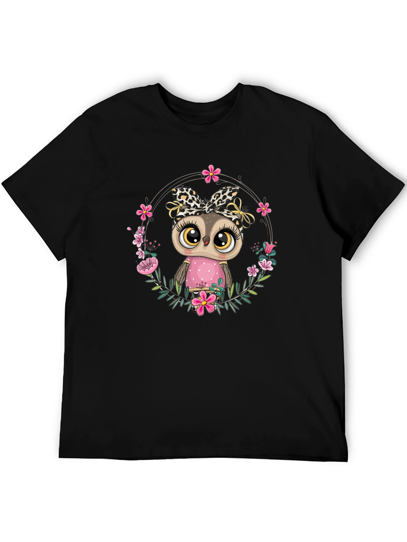Cute Owl in Floral Wreath Graphic Tee