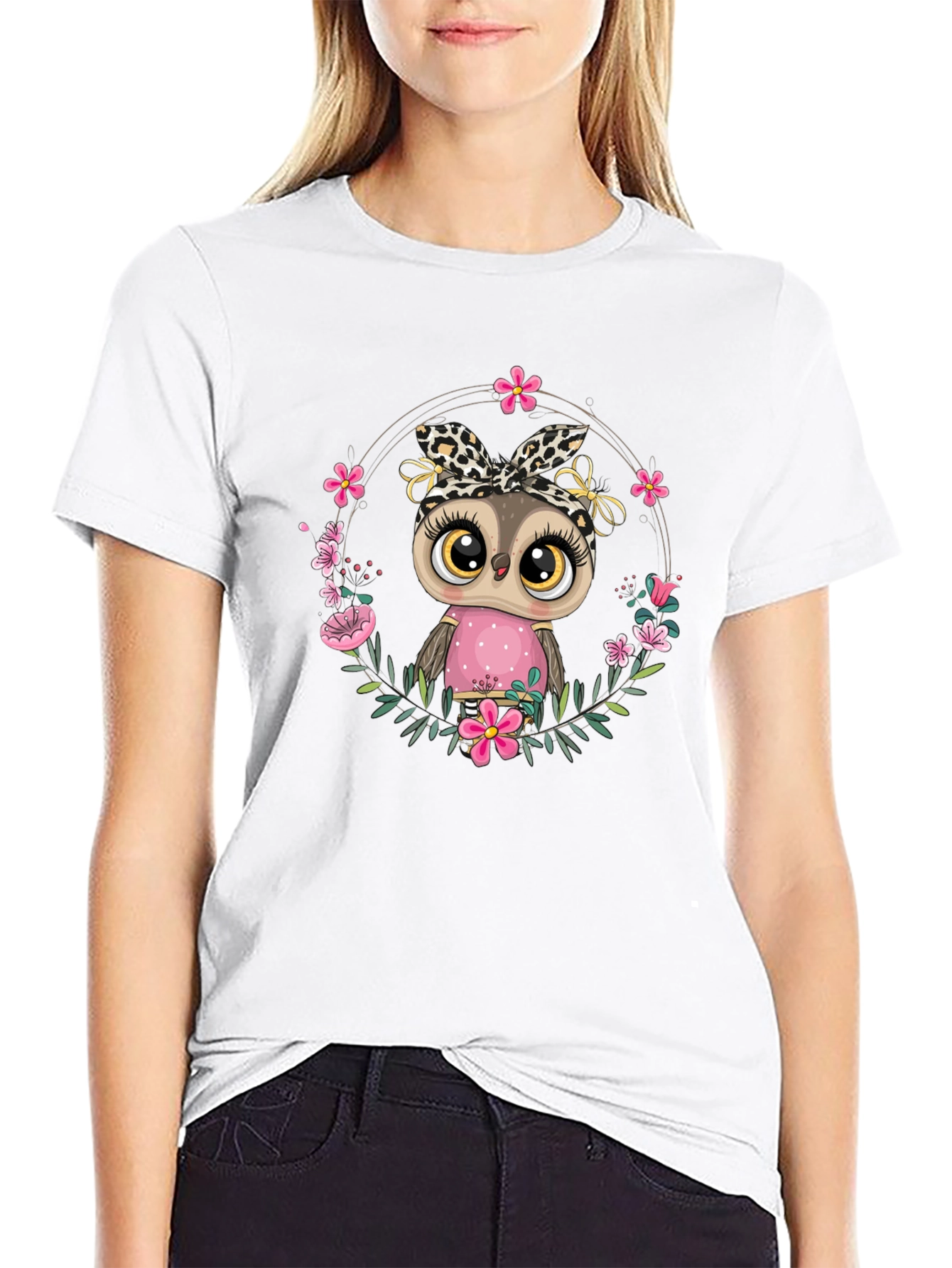 Cute Owl in Floral Wreath Graphic Tee