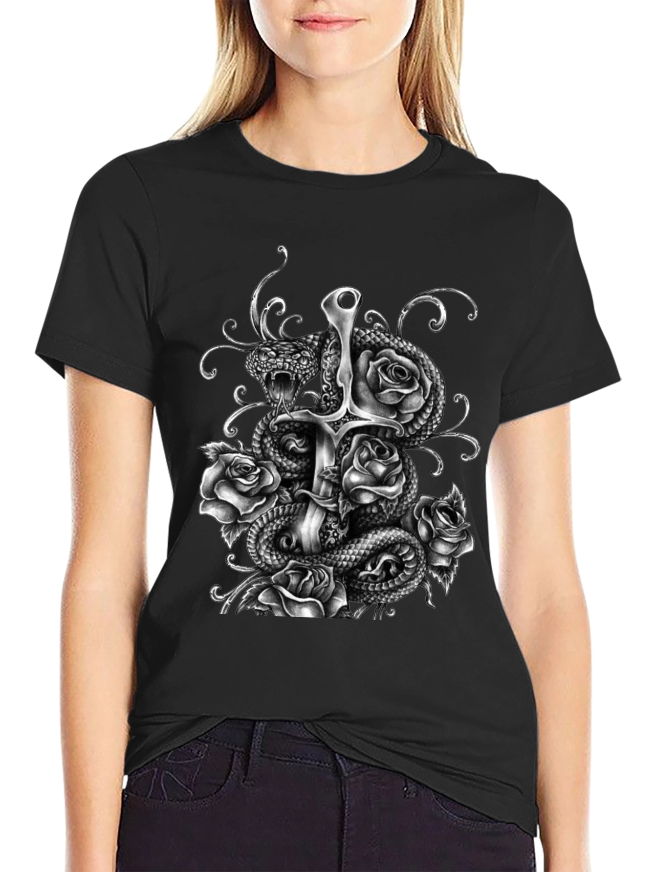 Snake Sword and Roses Graphic T-Shirt