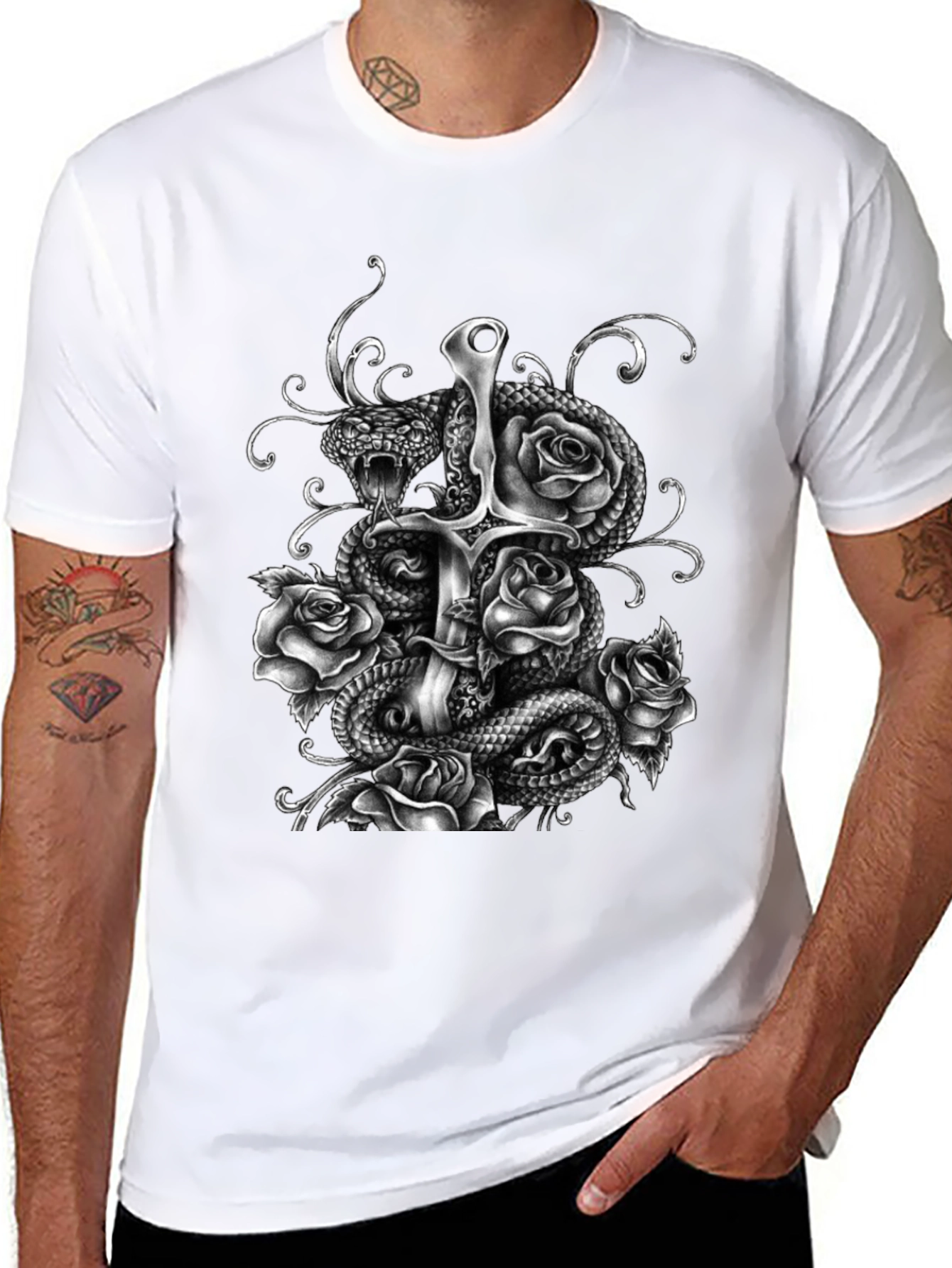 Snake Sword and Roses Graphic T-Shirt