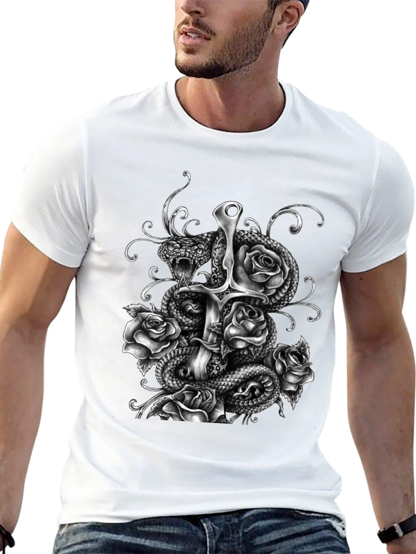 Snake Sword and Roses Graphic T-Shirt