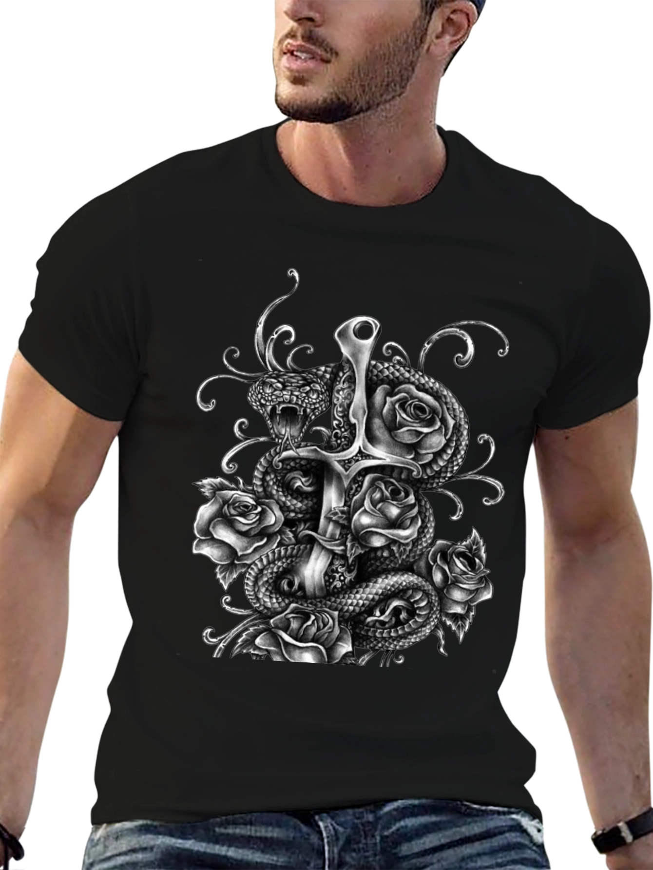 Snake Sword and Roses Graphic T-Shirt