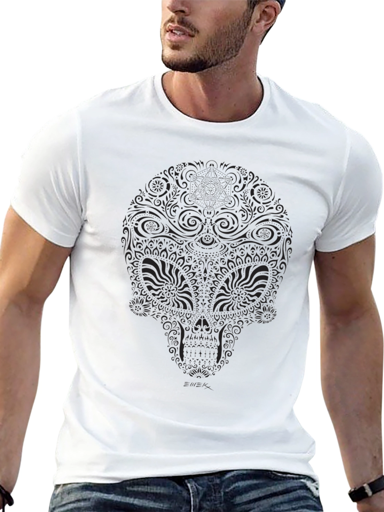 Mens Black Floral Skull Graphic T-Shirt