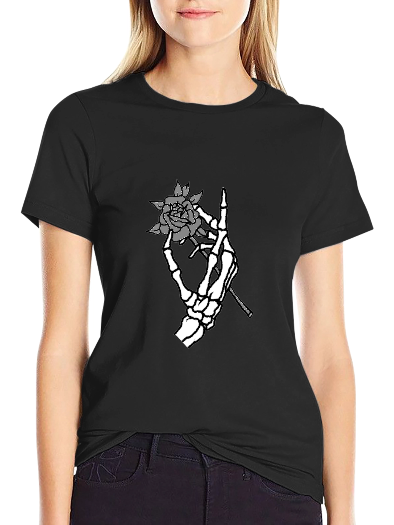 Skeleton Hand Rose Graphic Tee - Black T-Shirt