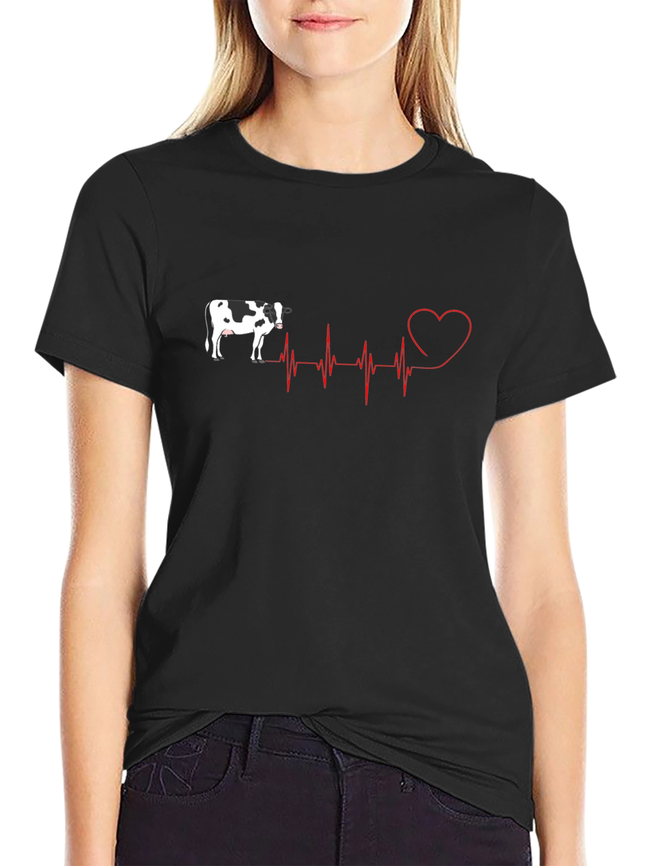 Cow Heartbeat Graphic Tee - Black Cotton T-Shirt