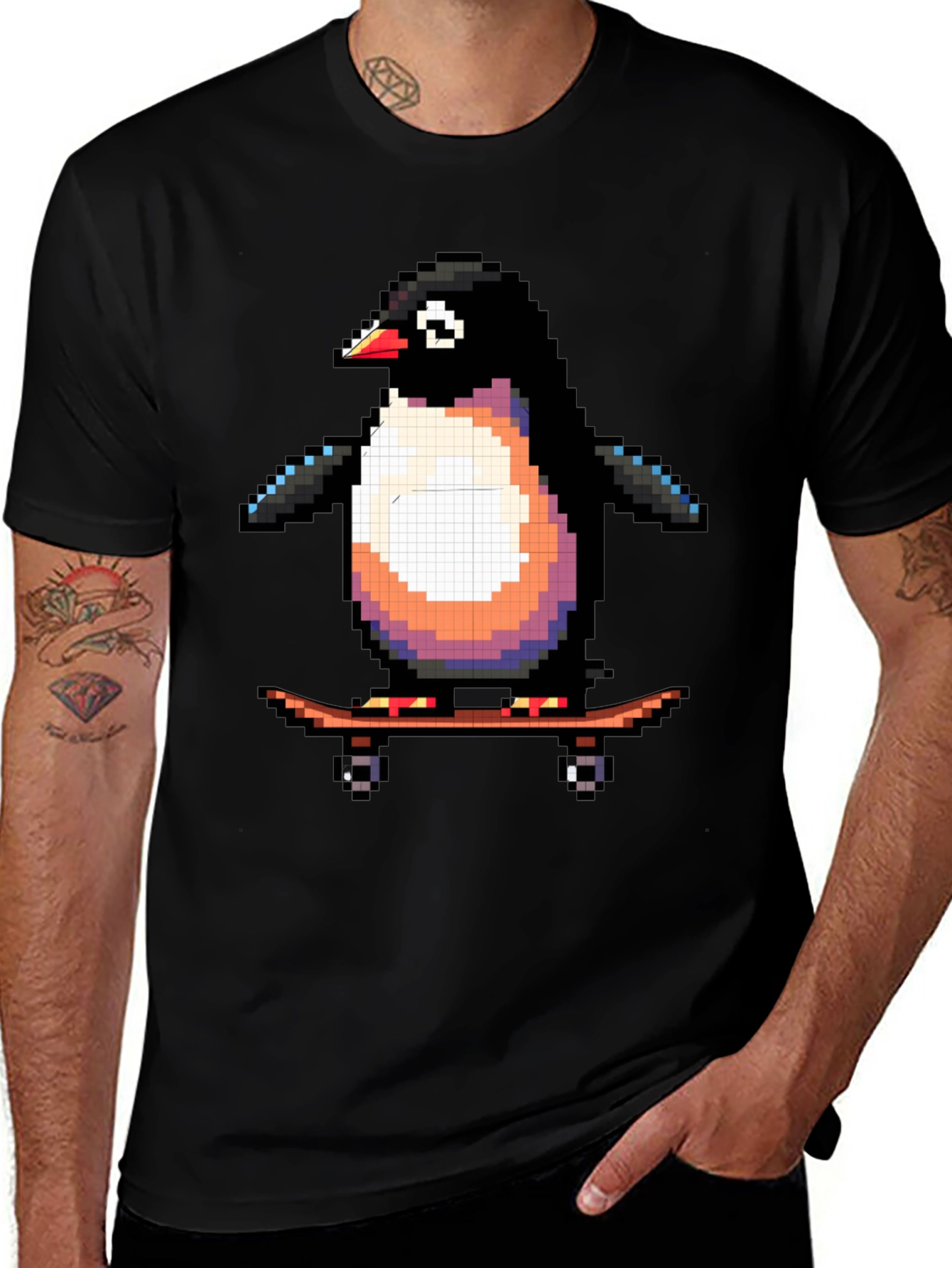 Pixel Penguin Skateboard T-Shirt - Cool Black Tee
