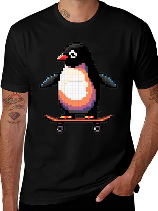 Pixel Penguin Skateboard T-Shirt - Cool Black Tee
